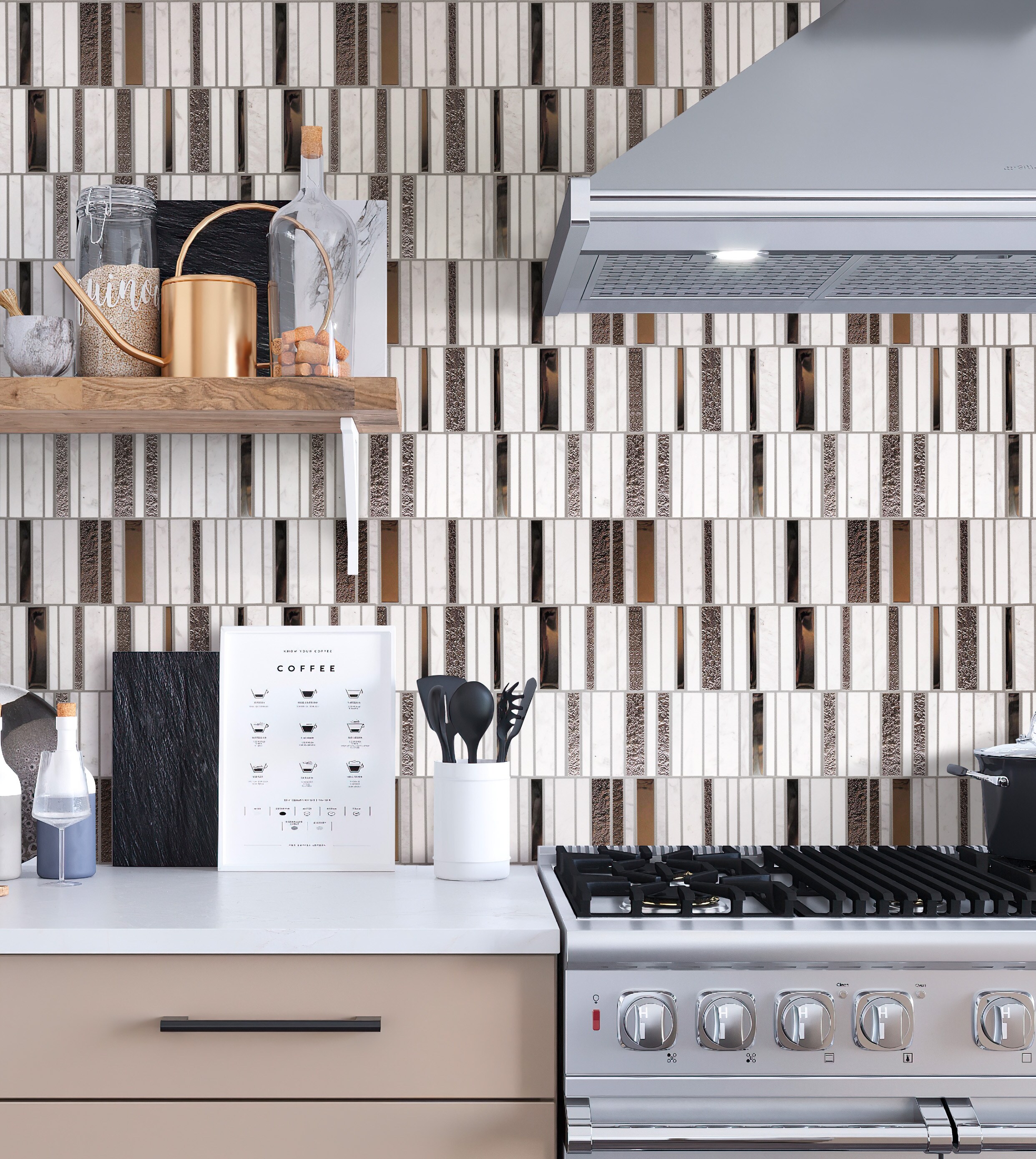 Apollo Tile Metropolis Brown and White 12-in x 12-in Polished Glass; Stone Quartz Linear Patterned Floor and Wall Tile (4.83-sq. ft/ Carton)