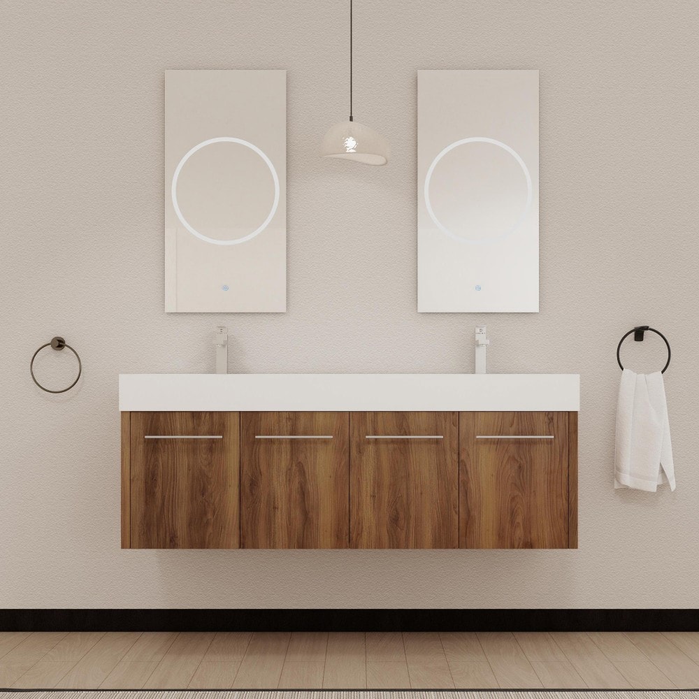 Basdien 60 in Brown Ebony Wall Mounted Bath Vanity Sink Thick Edged Double Resin Basin Stylish Four Door Cabinet KD Package Required Plywood Scratch Water Resistant Melamine Surface Soft Close Hinges Stainless Steel Includes Cabinet Sink Pulls