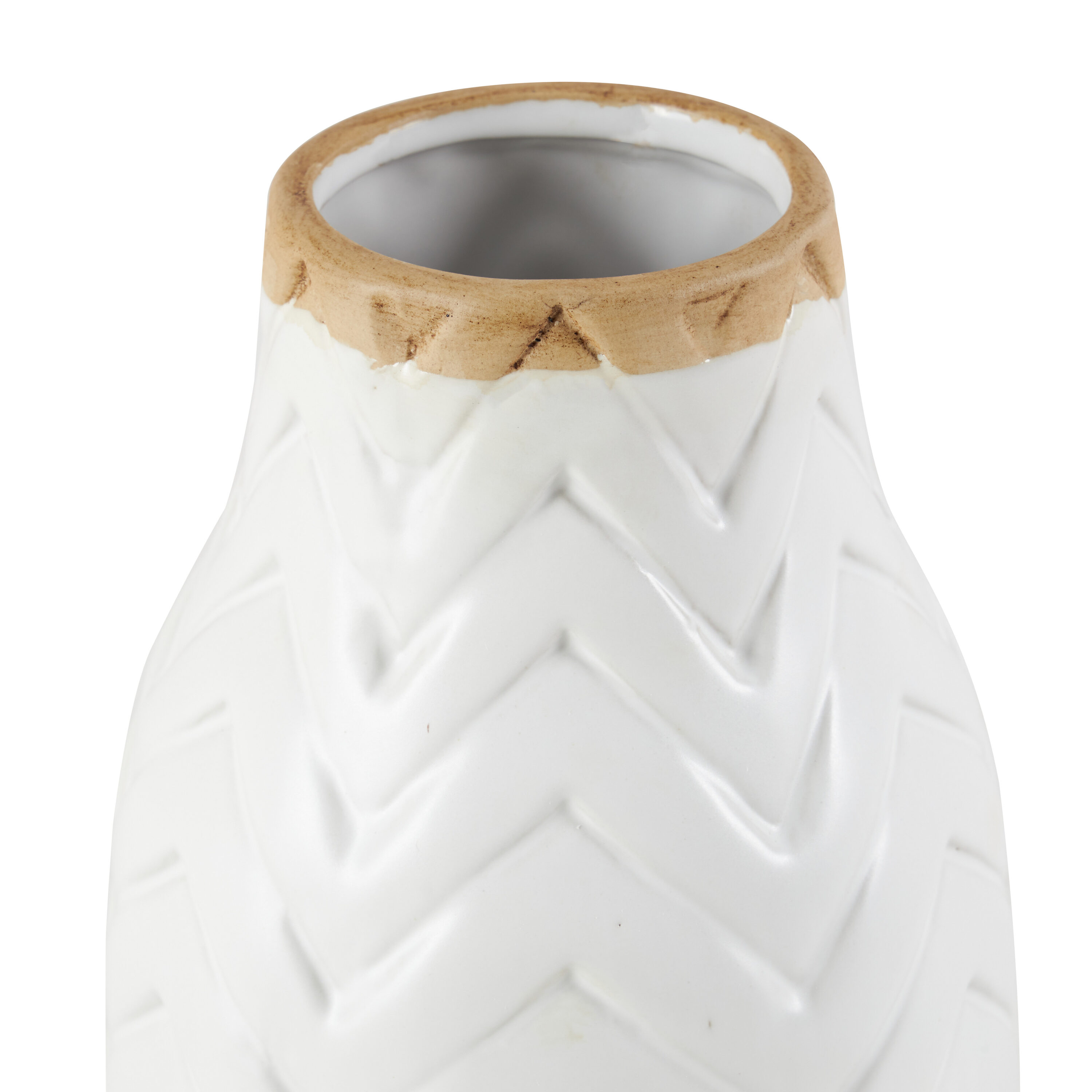 White Chevron Pattern Ceramic Vase with Brown Base, 12"
