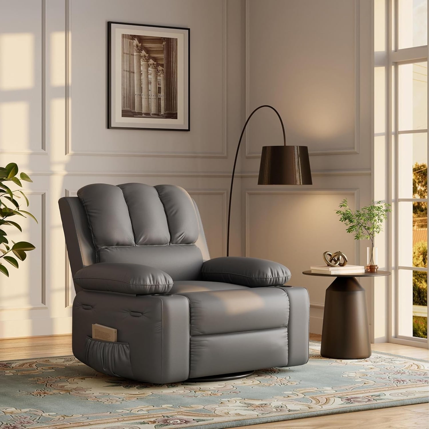 Garvee Oversized Recliner Chair with Heat and Massage 360Degree Swivel Lazy Recliner Chair for Adults Manual Rocking Chair with Cup Holder for Living Room Bedroom or Nursery Grey