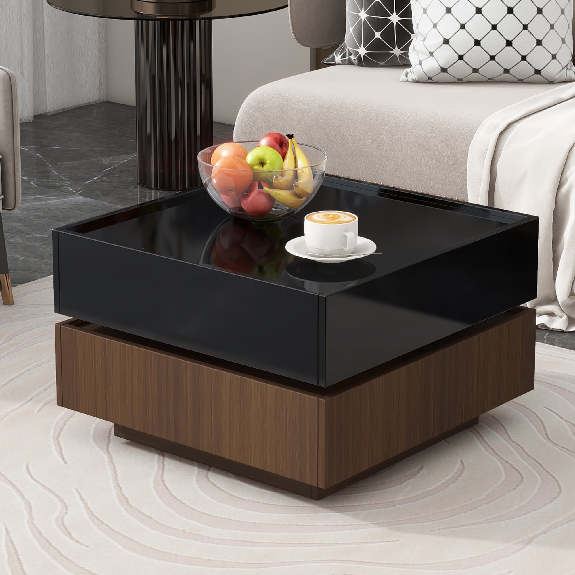 ModernLuxe WF321197AAB Multifunctional Square 360°Rotating Coffee Table with 2 Drawers High Gloss 2Tier Center Table with Swivel Tabletop and Storage Walnut Table Frame Side Table for Living Room Black