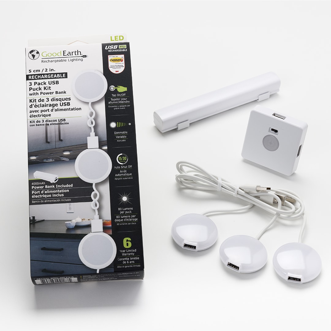 Good Earth Lighting RE1342-WHG-02LF3-G Rechargeable Spotlight Puck Kit with Power Bank - 3 Pack