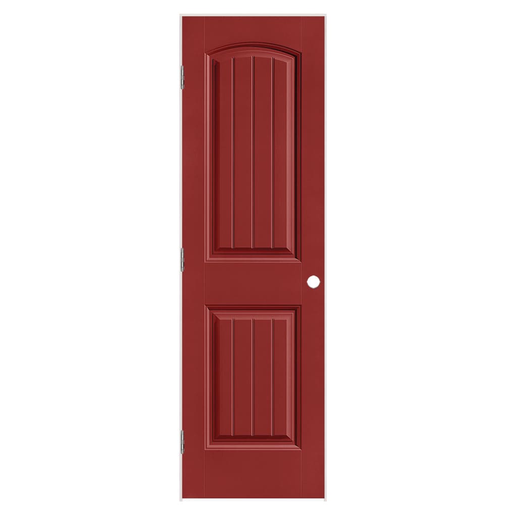Masonite 1443806 24-in x 80-in Barn Red Solid core 2-panel round top plank Right hand Smooth Prefinished Molded composite Flat Jamb Single Prehung Interior Door