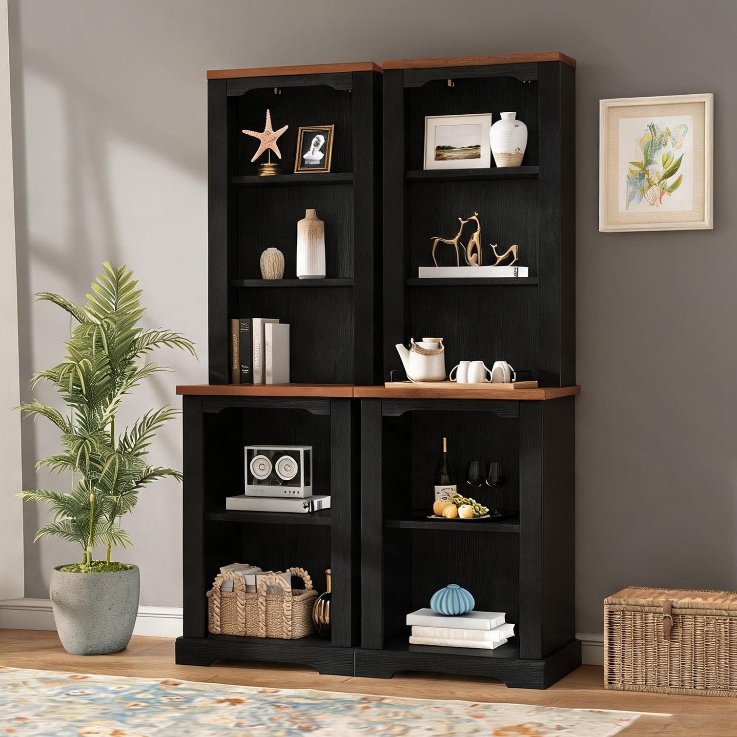 FlowLuxe MDF Freestanding Tall Display Bookcase Two-Piece Set in Jet Black Curved Modern Design for Living Room Storage and Decor