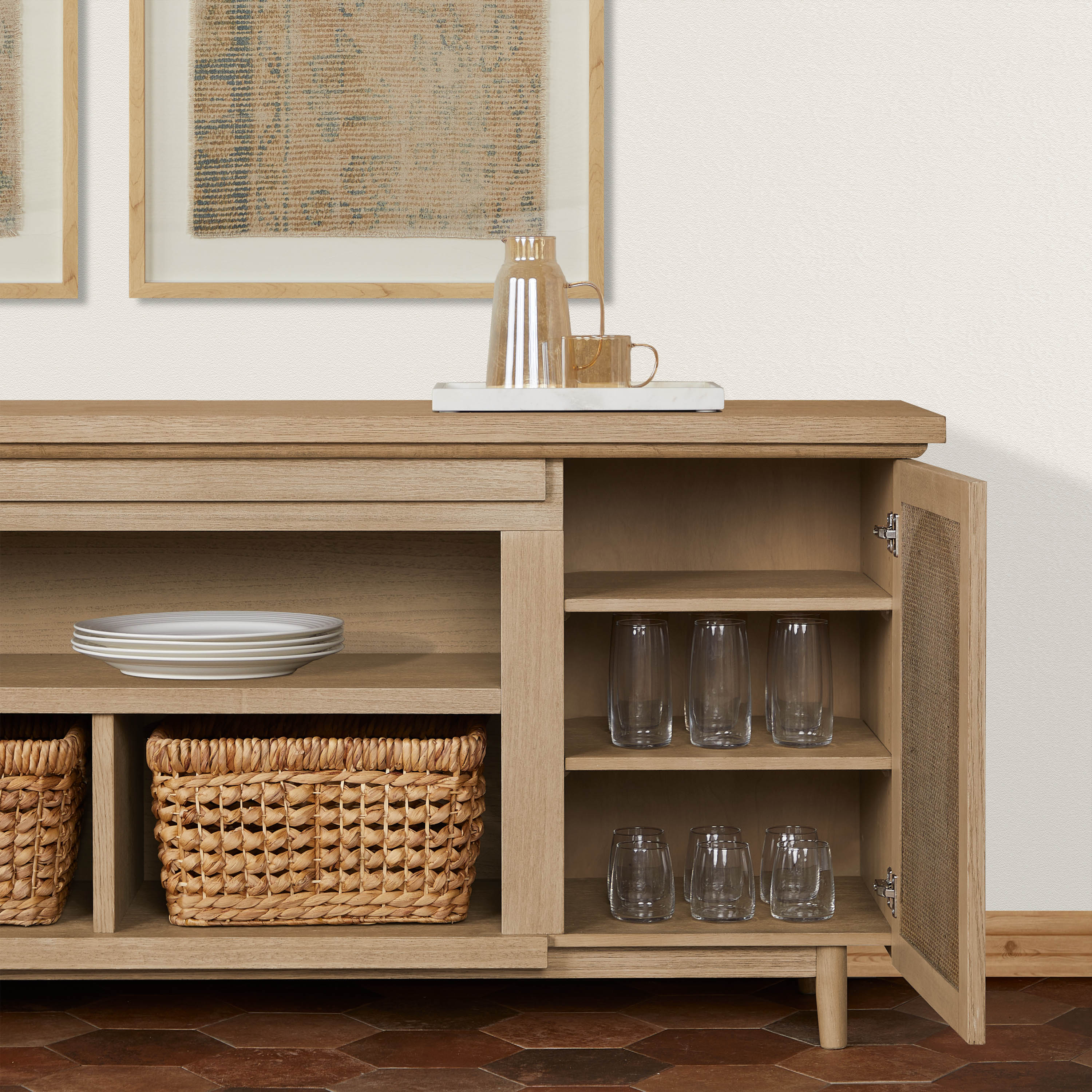 Dahlia 76" White Oak TV Stand with Fireplace and Cabinet