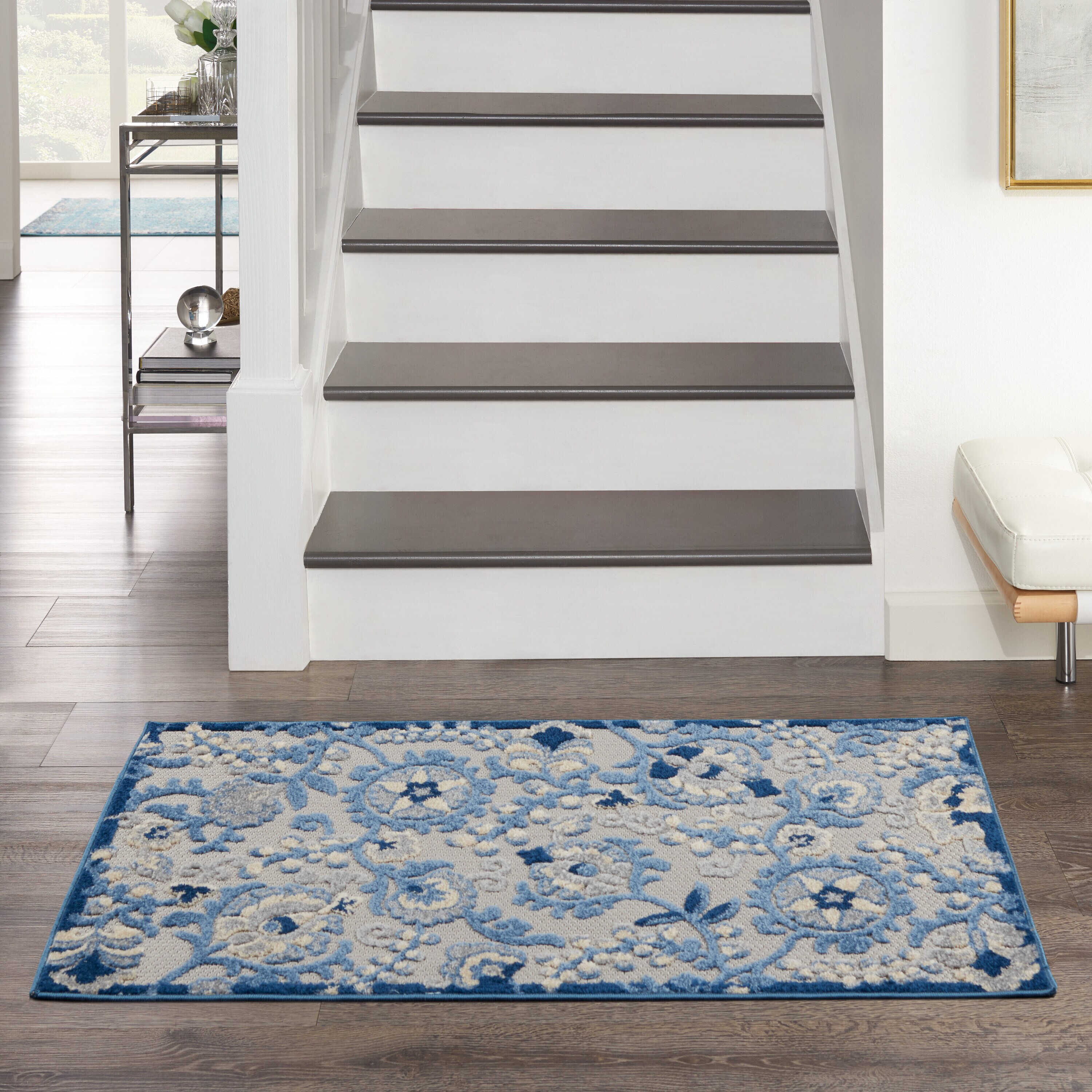 Nourison 099446827371 Aloha 3 x 4 (ft) Loomed Polypropylene Blue/Grey Rectangular Indoor/Outdoor Floral/Botanical Tropical Area rug
