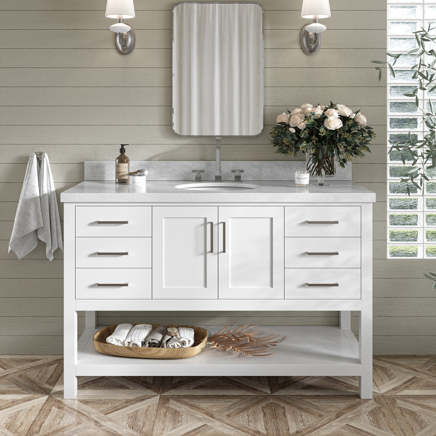 ARIEL S055SCWOVOWHT Magnolia 55-in White Undermount Single sink Bathroom Vanity with Carrara White Marble Marble Top