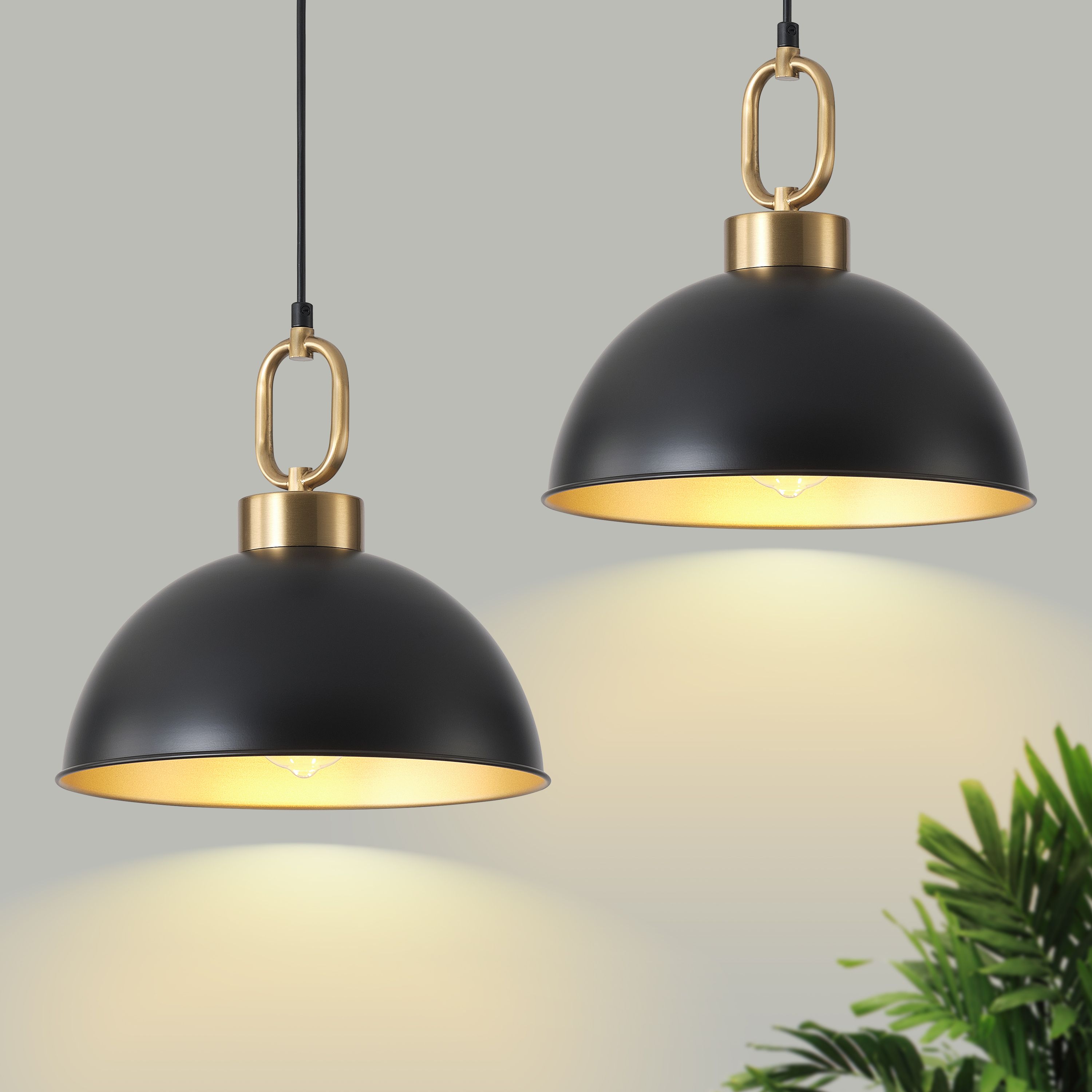 Alynzee - 12.2-in 2-Piece Modern Black and Gold Dome Kitchen Island Pendant Light Set