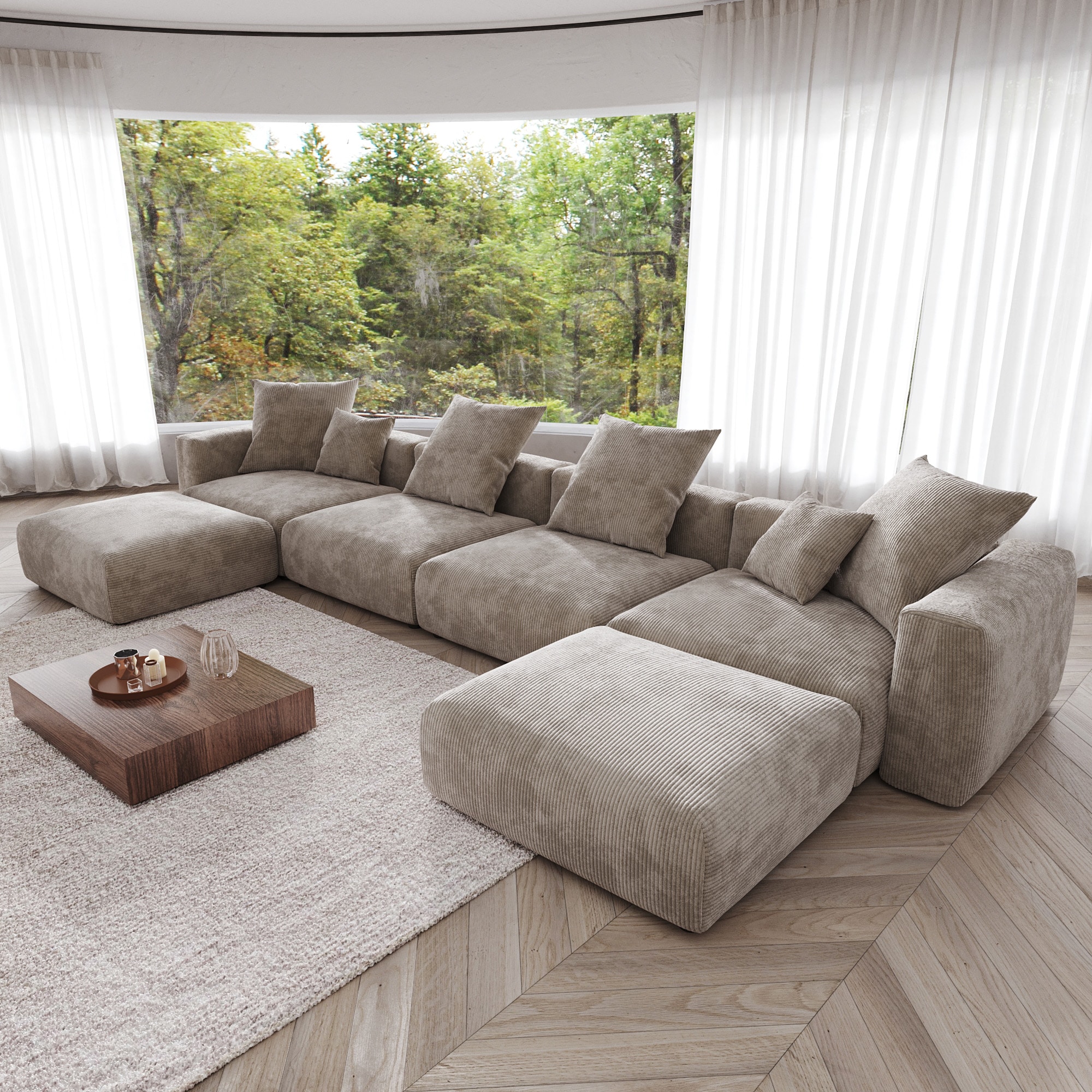 BuotiqHom DH-S4+2-126BR 175-in Casual Brown (4 Seats + 2 Ottomans) Sectional