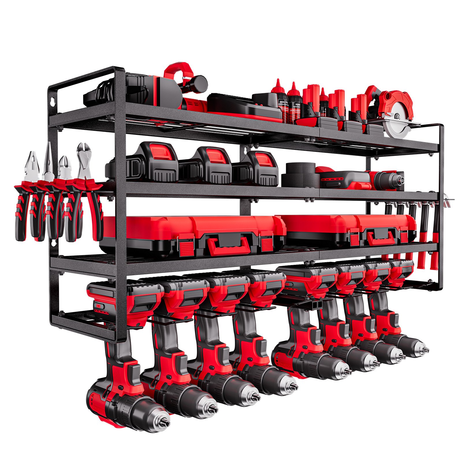 Mecale - 36.56-in 4-Tier Wall Mount Power Tool Organizer 8 Drill Slots Screwdriver Rack 240-lb Black