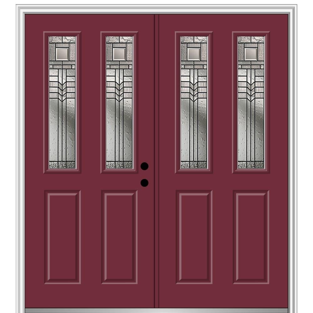 MMI DOOR ZZ3664935L 72-in x 80-in x 4-9/16-in Fiberglass Twin lite Left-hand inswing Burgundy Painted Prehung Double Front Door with Brickmould Insulating core
