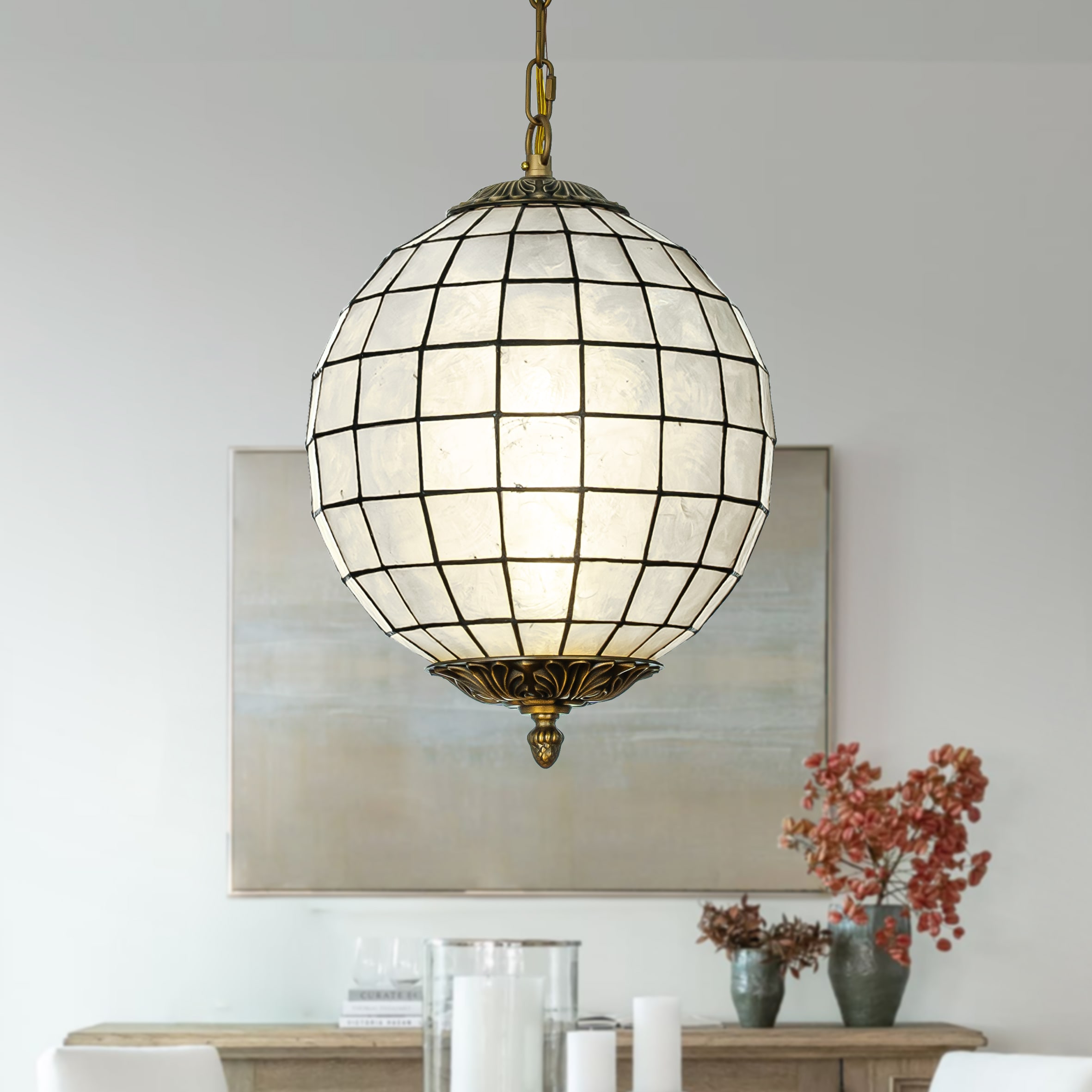 AloaDecor Lighting L7157D30FG01A 1 -Light Antique Brass Coastal Shell For Use in Bedrooms, Dining Rooms, Foyers, Kitchens, Living Rooms Chandelier