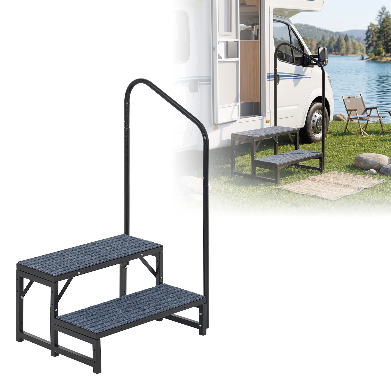 GarveeLife RV Steps with 1 Handrail Heavy-Duty 2-Step Hot Tub Steps RV Trailer Steps with Non-Slip Mats Portable Ladder Stairs for Rv Pool Camper Trailer Mobile Home Porch