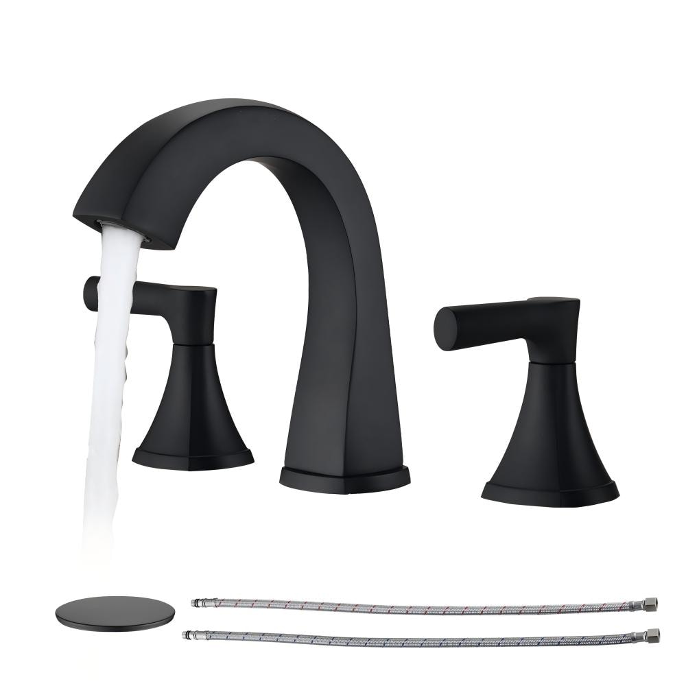 EQLOO Matte Black Bathroom Faucet 2 Handle 8 Inch Brass Bathroom Sink Faucet for 3 Hole Faucet with Pop Up Drain and Supply Hose