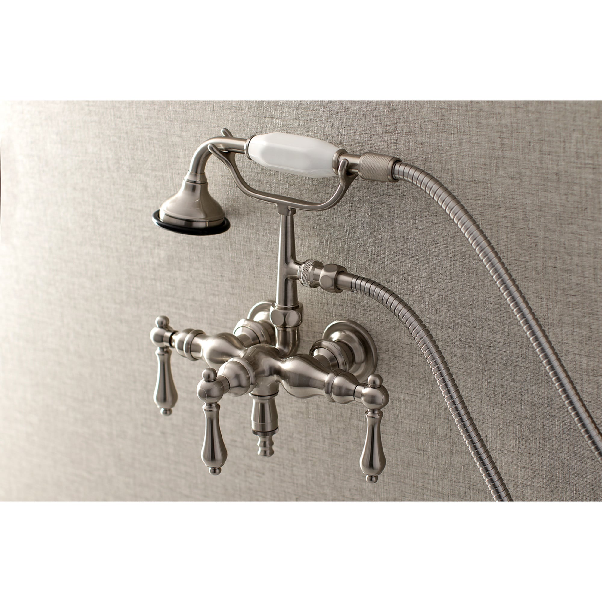 Kingston Brass WLAE19T8 Vintage Brushed nickel 3-handle Wall-mount Low-arc Bathtub Faucet with Hand Shower ( Valve Included )