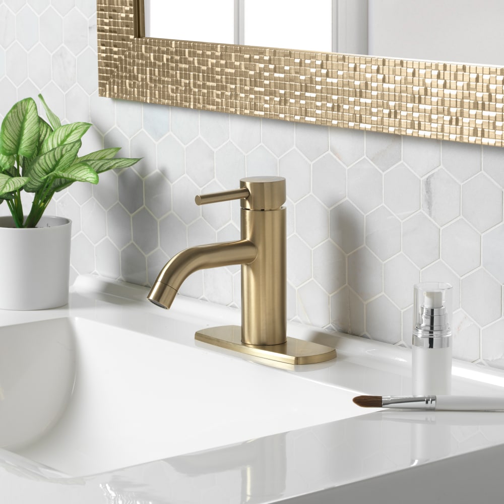 Project Source BPS-102-BG Larton Brushed Gold Single hole 1-handle WaterSense Mid-arc Residential Handle Bathroom Sink Faucet with Drain with Deck Plate