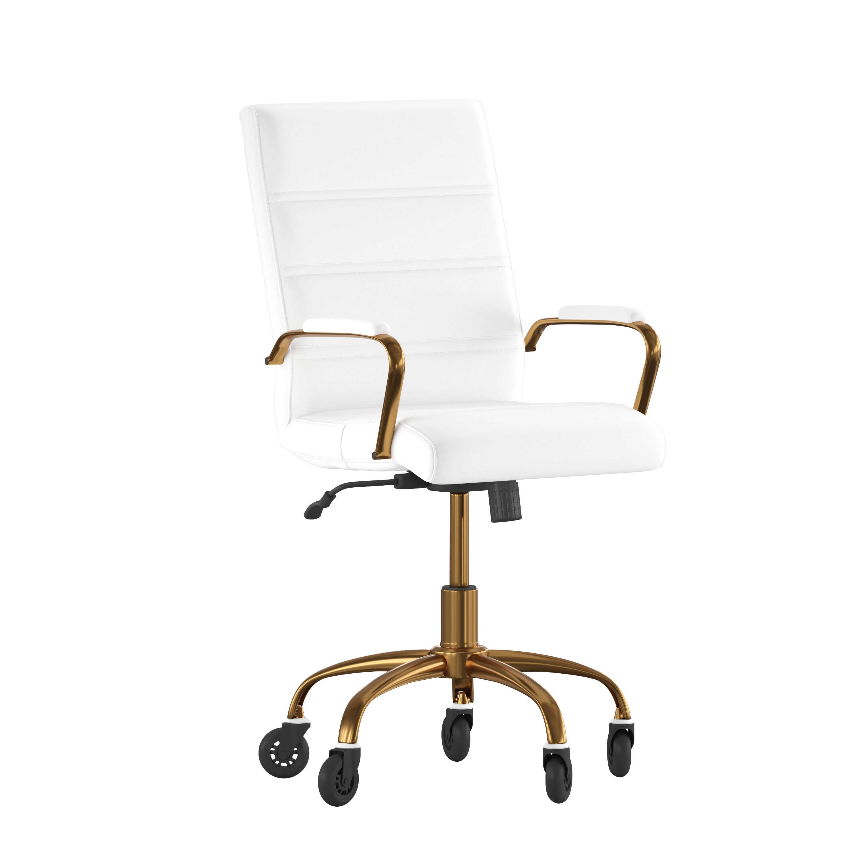 Flash Furniture 840196381817 Camilia Mid-Back White LeatherSoft Executive Swivel Office Chair with Gold Frame; Arms; and Transparent Roller Wheels