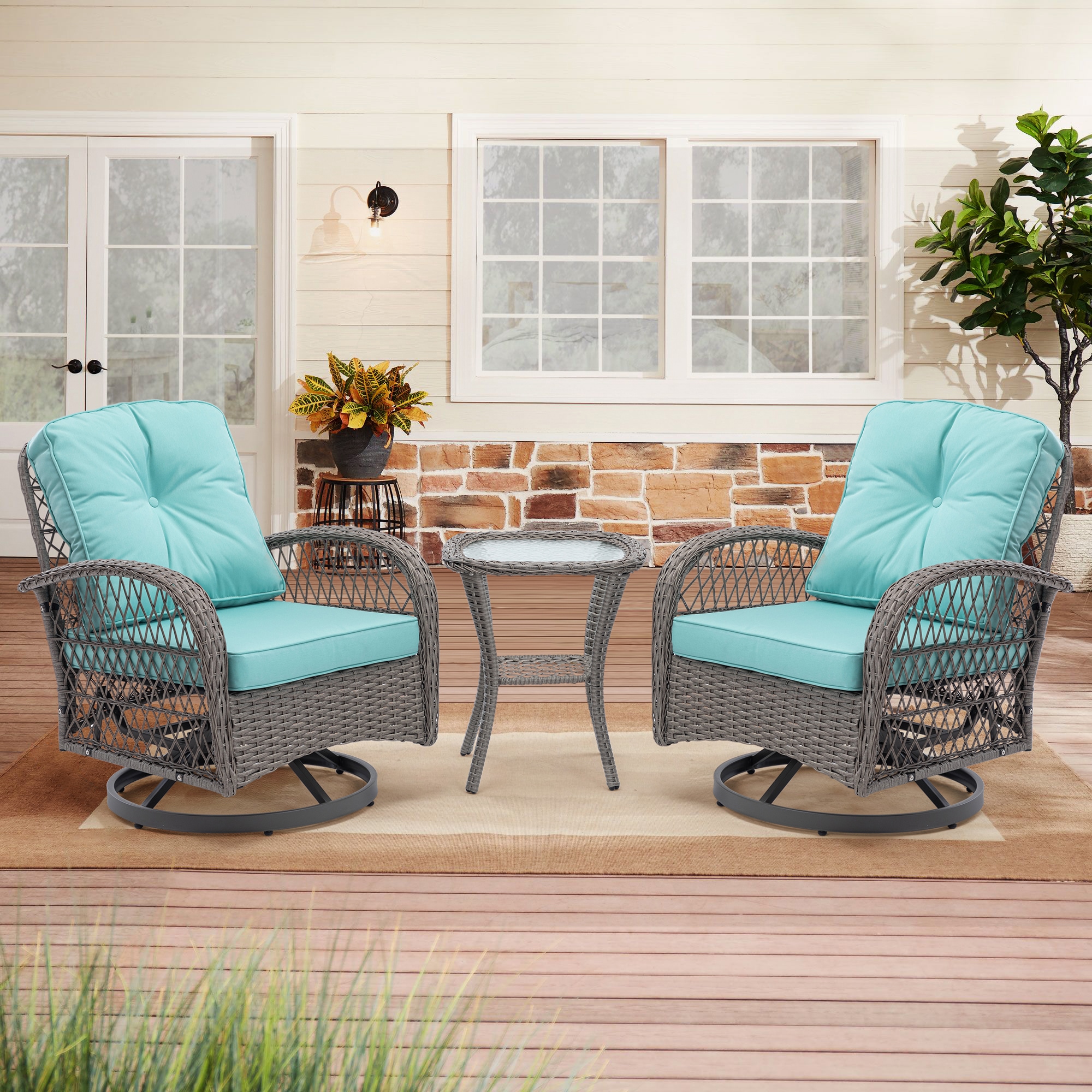 Fun Orange FUNS2HW13 3-Piece Wicker Patio Conversation Set with Blue Cushions