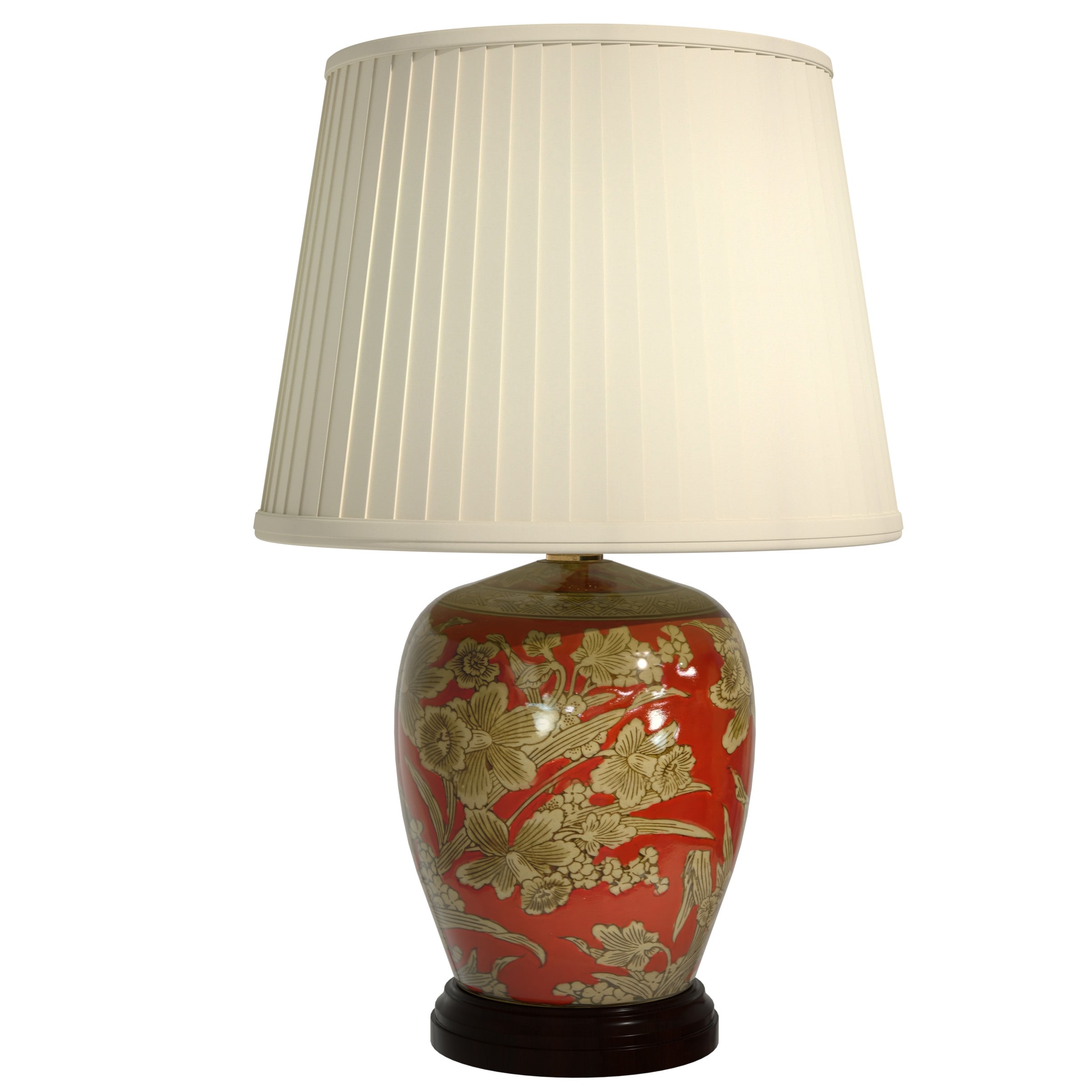 Red Porcelain Floral Jar Lamp with Off-White Shade