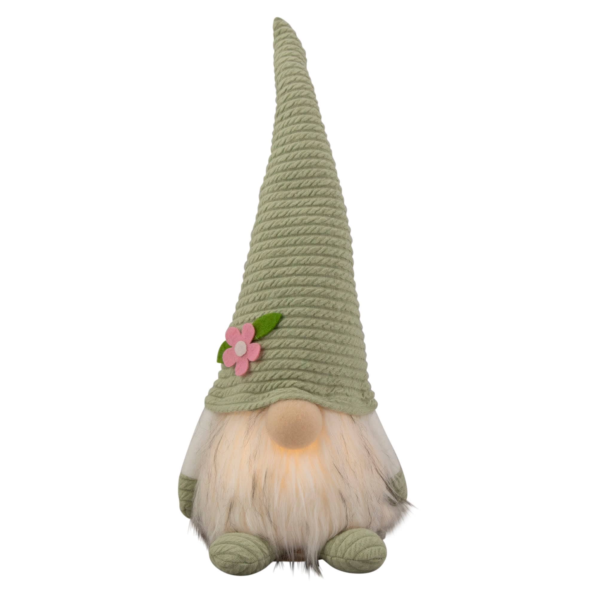 12.25 inch Lighted Green Spring Gnome with Flower Hat