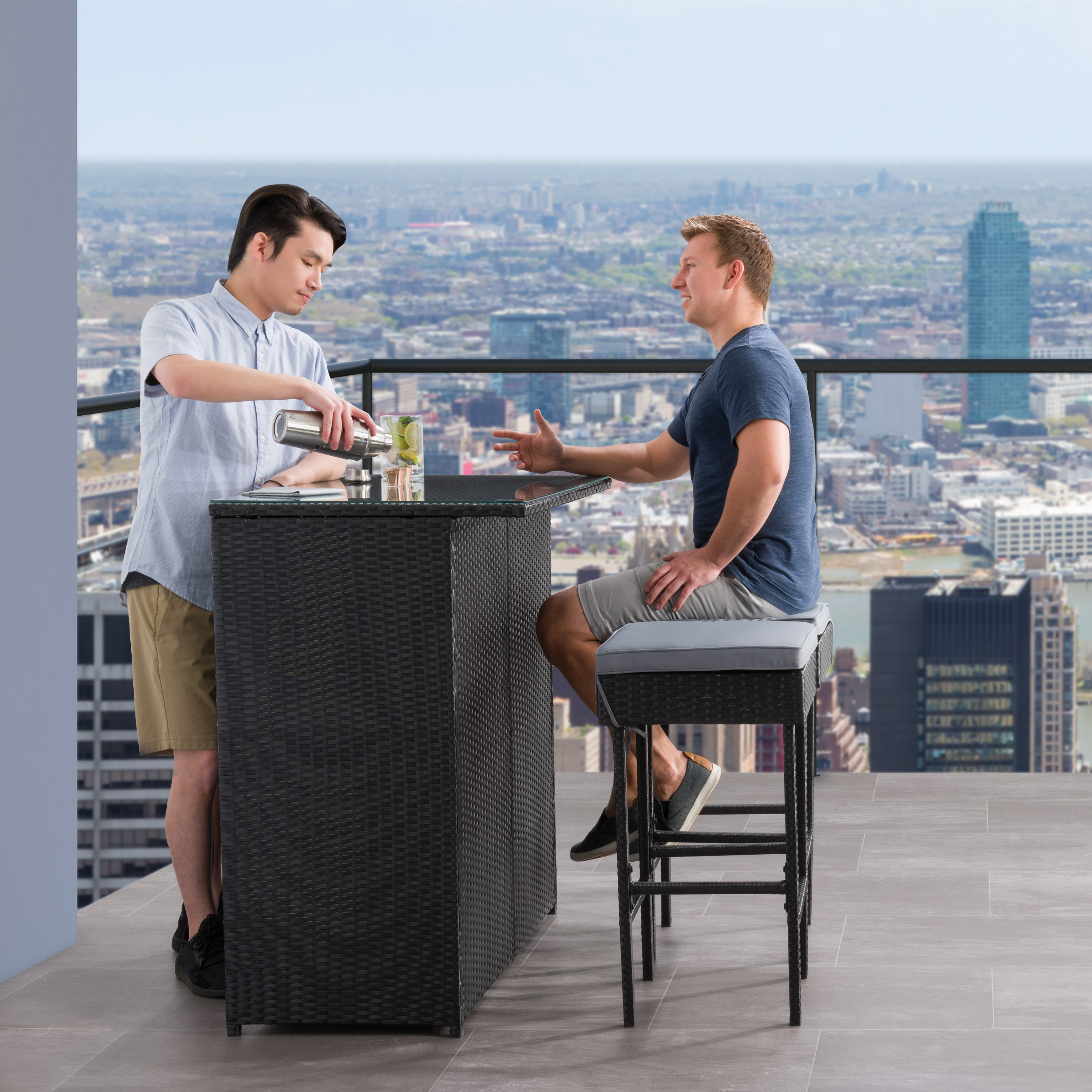 Parksville Black Resin Wicker and Steel Patio Bar Set with Grey Cushions