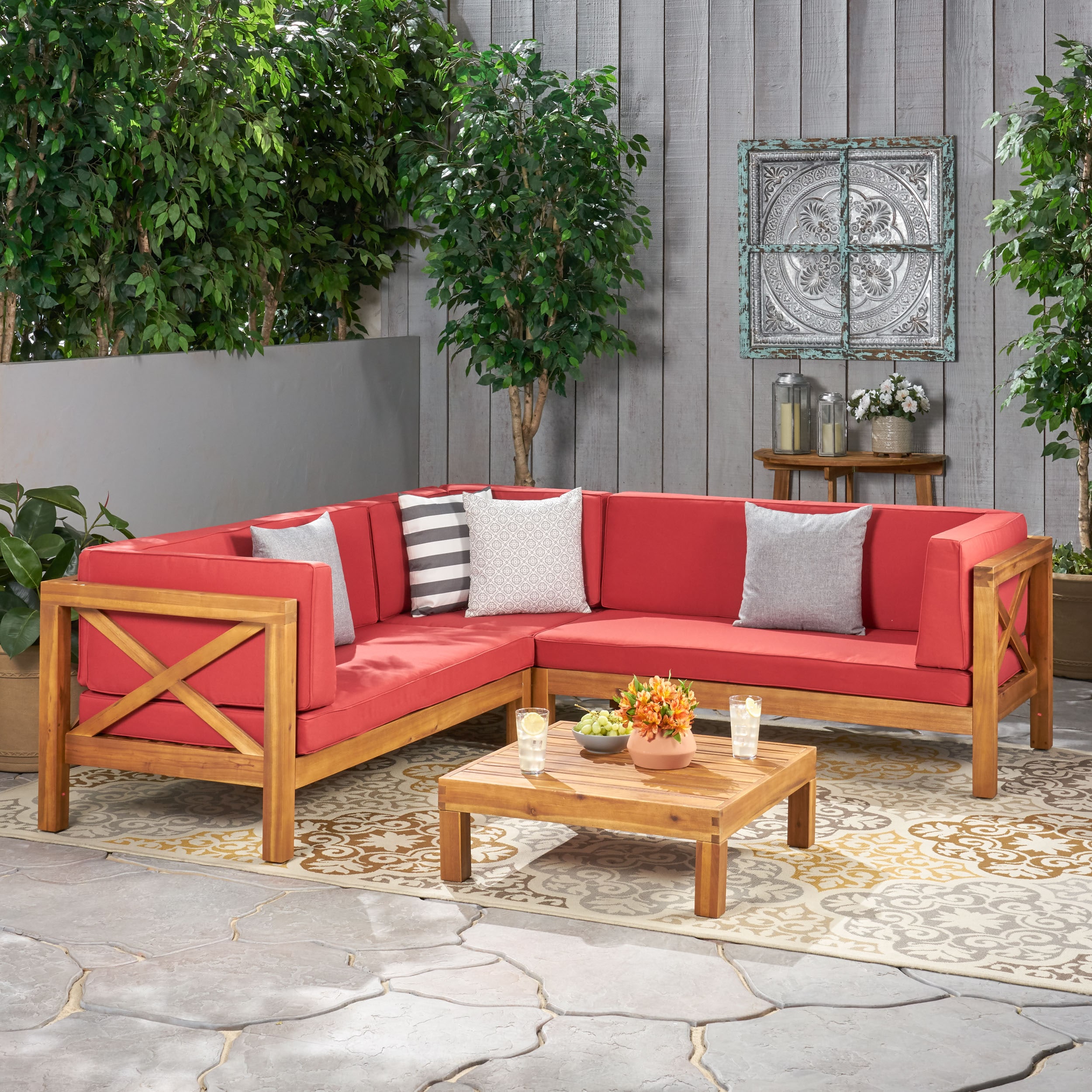 Christopher Knight Home 299125 Brava Acacia Outdoor Sectional Chat Set-Teak Finish + Red