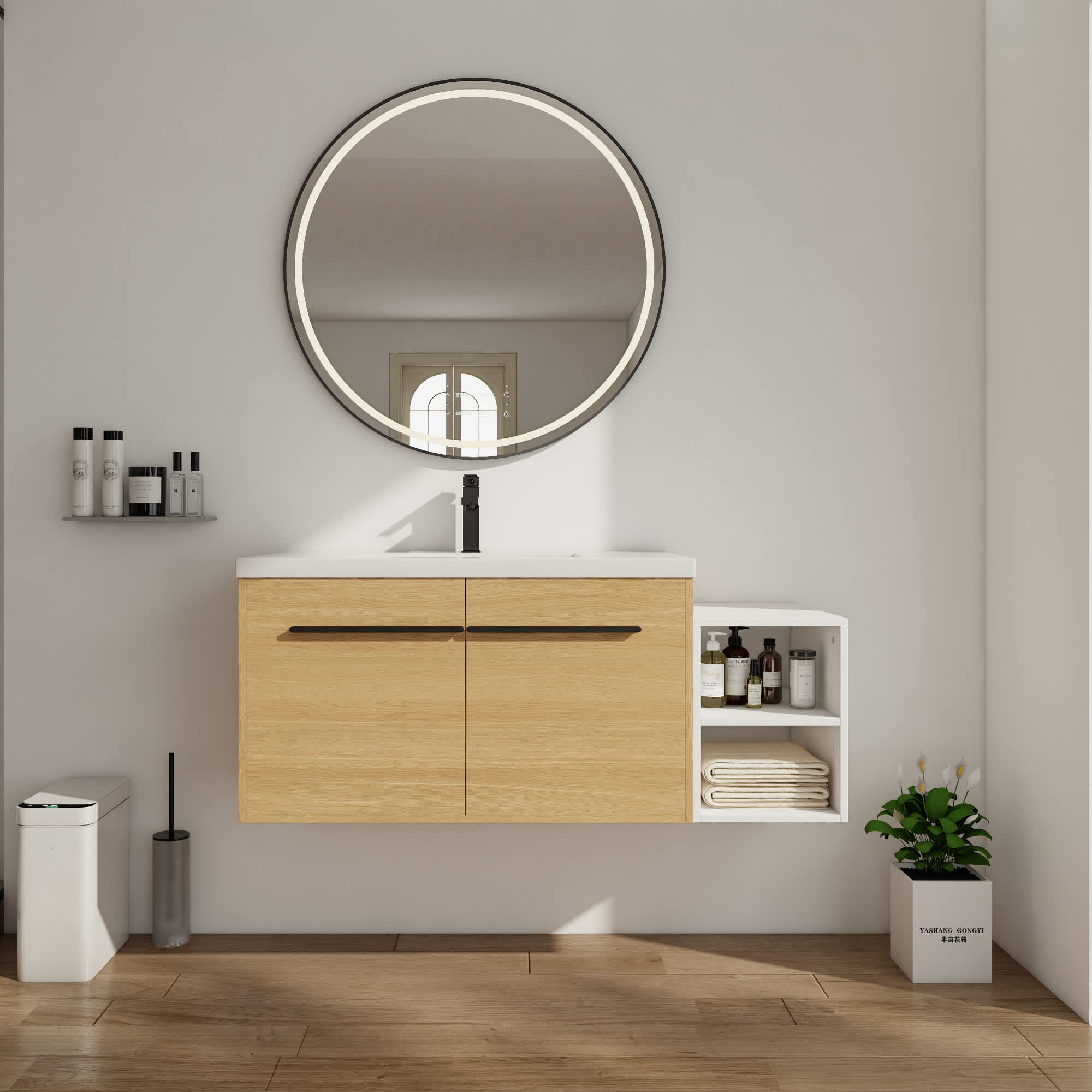 Roomfitters  48 Inch Wall Mounted Bathroom Vanity with Resin Sink and Open Shelves Glossy WhiteOak