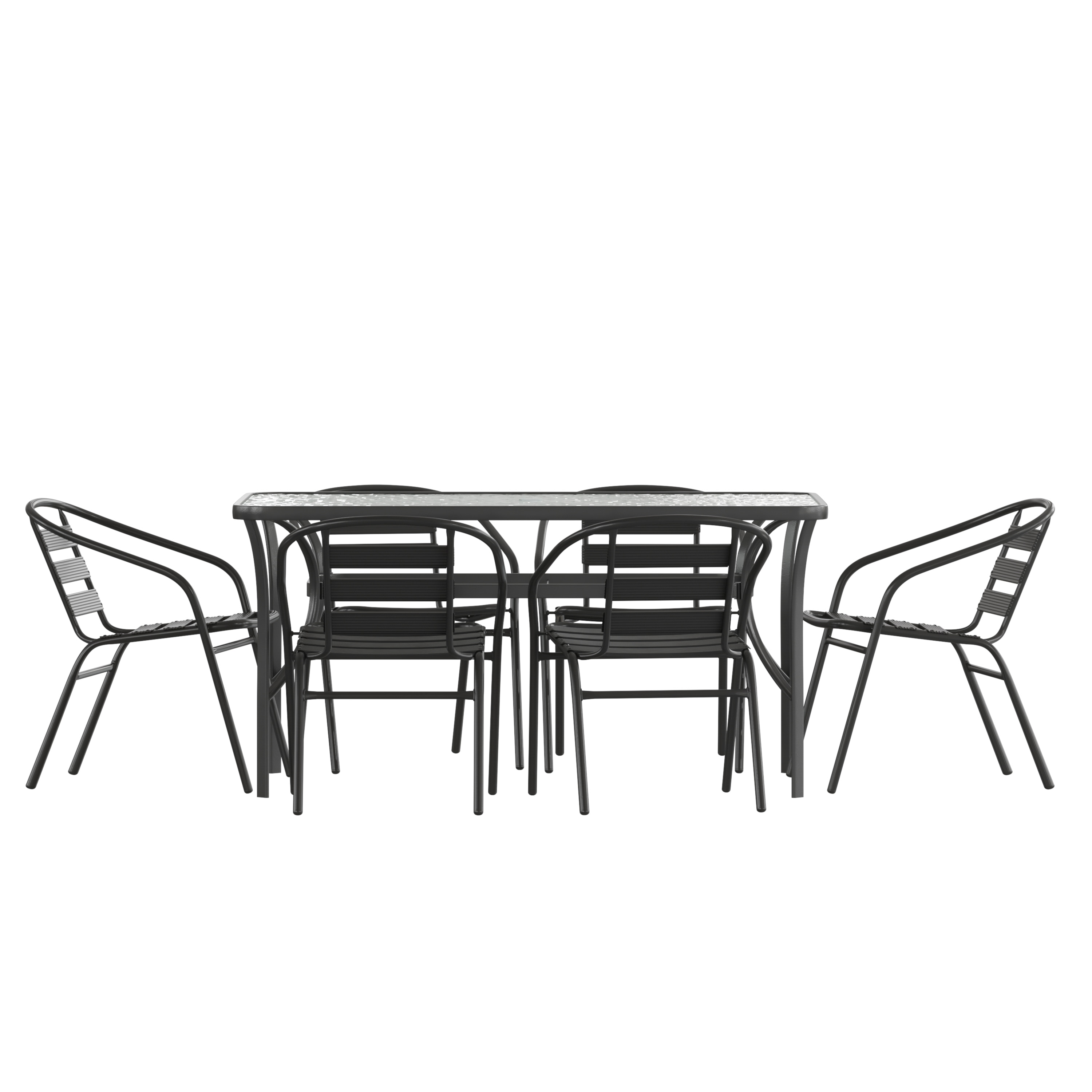 Flash Furniture 196861156670 Lila 7 Piece Commercial Outdoor Patio Dining Set with 60-in Tempered Glass Patio Table with Umbrella Hole and 6 Black Triple Slat Chairs