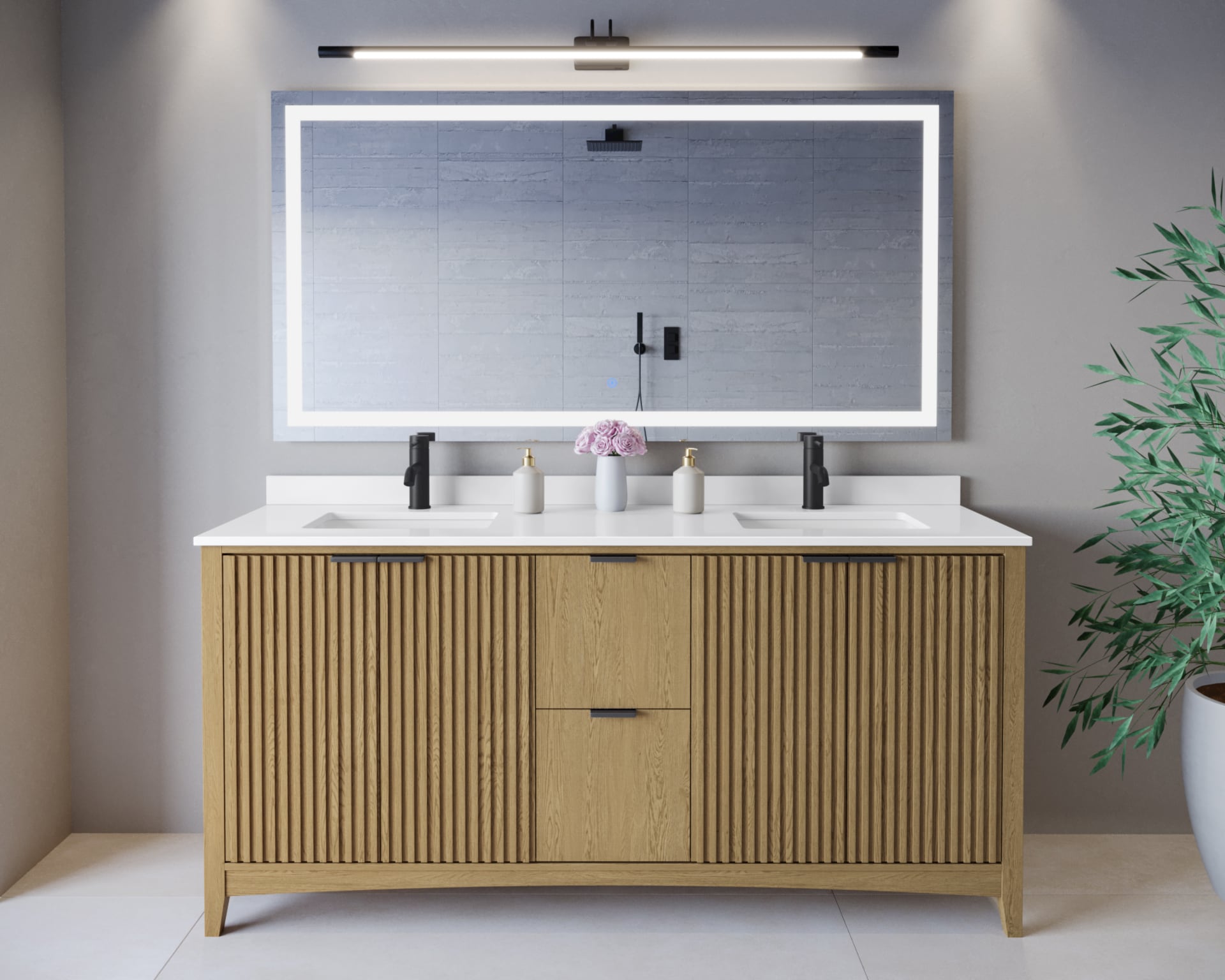 Wyndham Collection WCF919172DNBWQUNSMXX Palmilla 72-in Natural Oak with Matte Black Trim Undermount Double Sink Bathroom Vanity with White Quartz Quartz Top