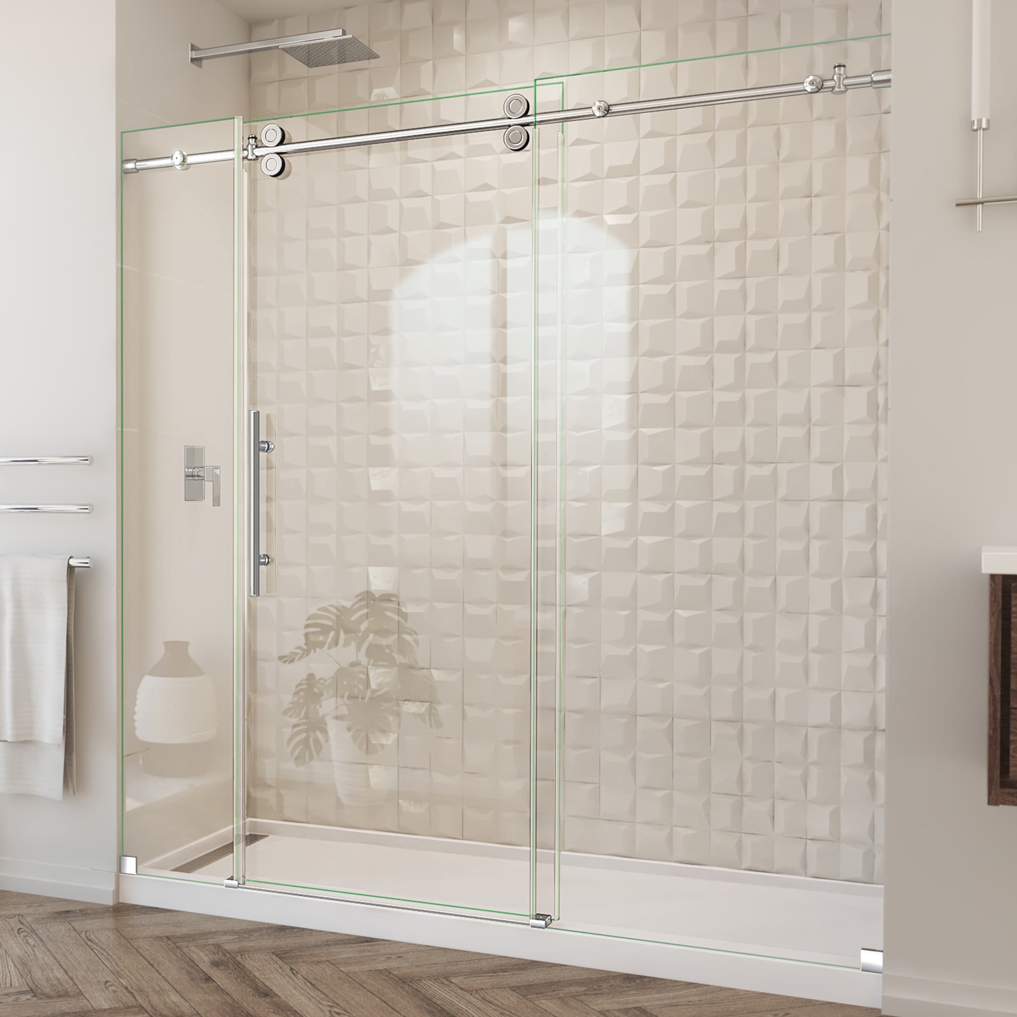 DreamLine SHDR-61727620-08 Enigma-XO Polished Stainless Steel 68-in to 72-in W x 76.0-in H Frameless Sliding Shower door 3/8-in Thick Clear Glass
