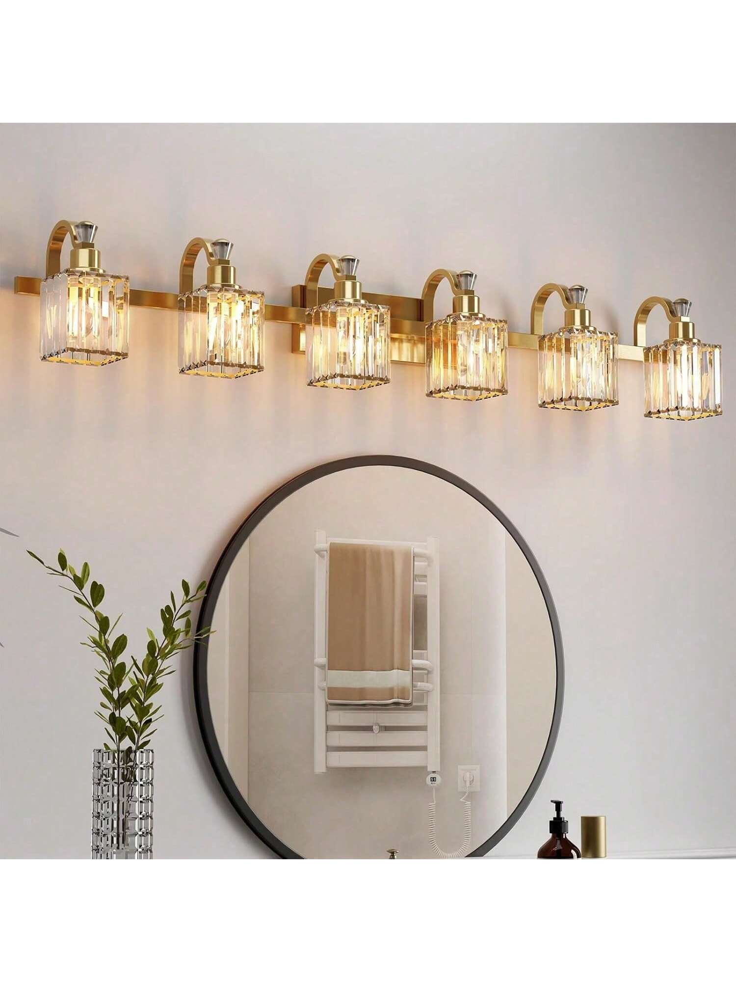 Qeetex PHO-1597XXYY-HF4 6 lamp Gold Bathroom Vanity Lights with Square Shade. Modern Crystal Vanity Lights Mirror Lights. Modern Crystal Wall Lights. Mirror Lights for Bathroom. Bedroom. Kitchen