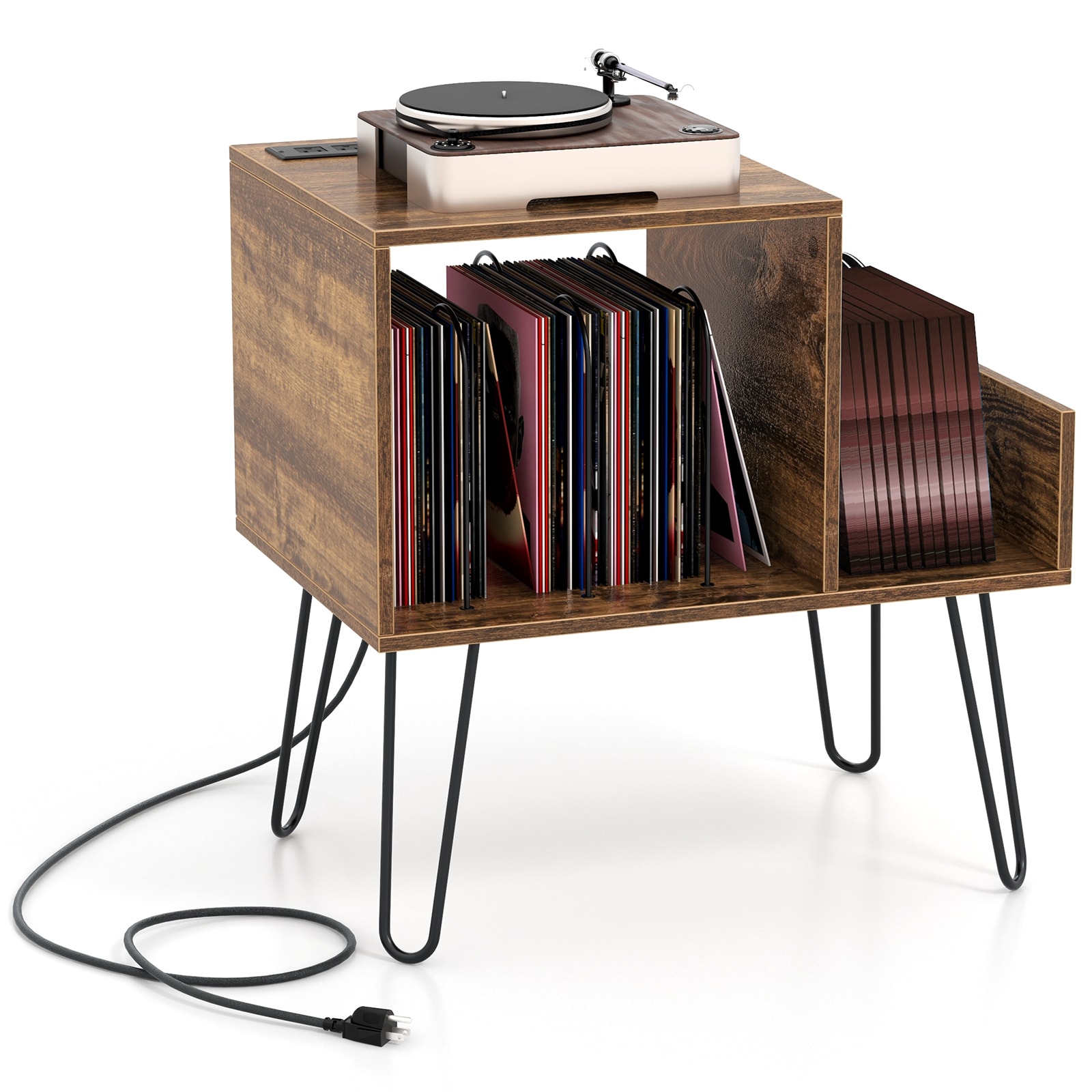 Fenbeli Record Player Stand with Charging Station Vinyl Storage Cabinet with Dividers and Metal Legs for Living Room or Bedroom
