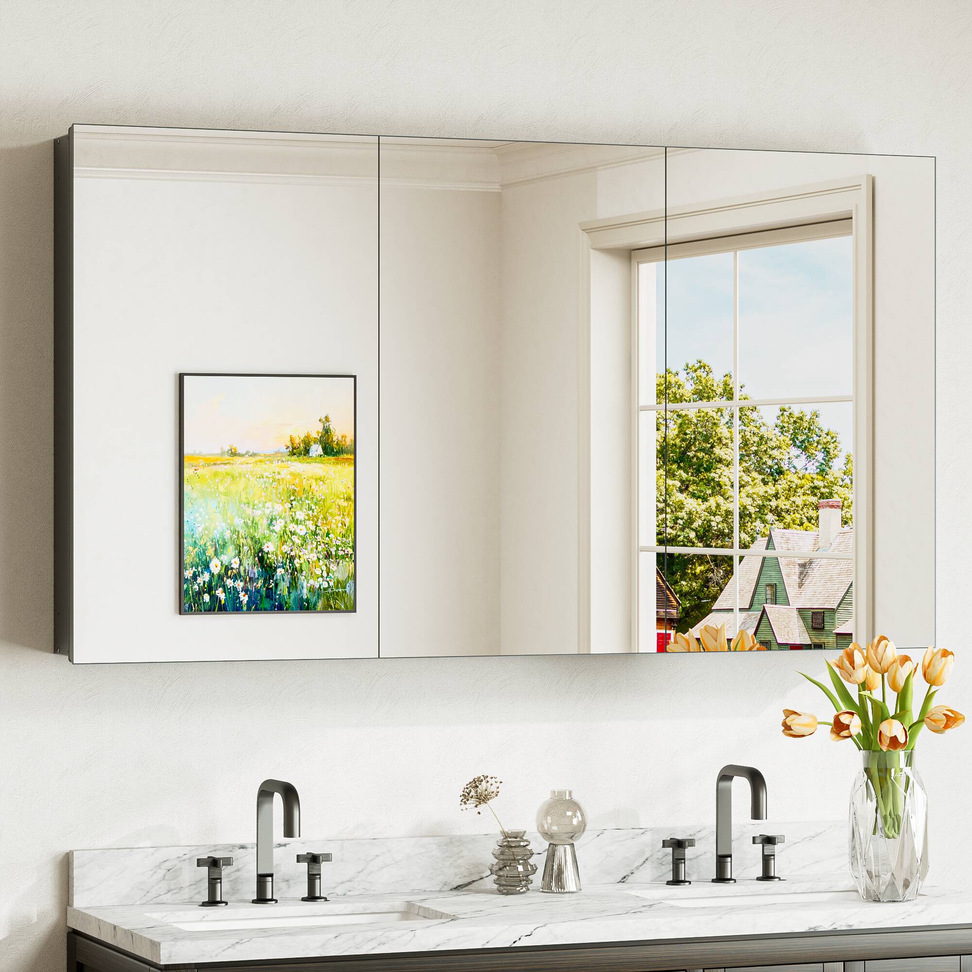 Keonjinn LW-JG-FXFJP-12166-BK Medicine Cabinet Mirror 48-in x 26-in Surface/Recessed Mount Black Mirrored Rectangle Soft Close Medicine Cabinet