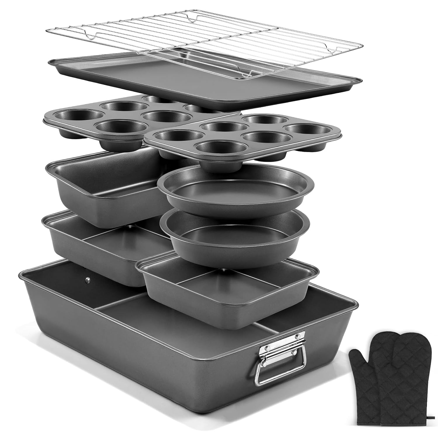 CHEFMADE 12-Piece Nonstick Carbon Steel Bakeware Set with Roasting Pan Cookie Sheet Cake Pans Muffin Pans Loaf Pan Cooling Rack and Oven Mitts