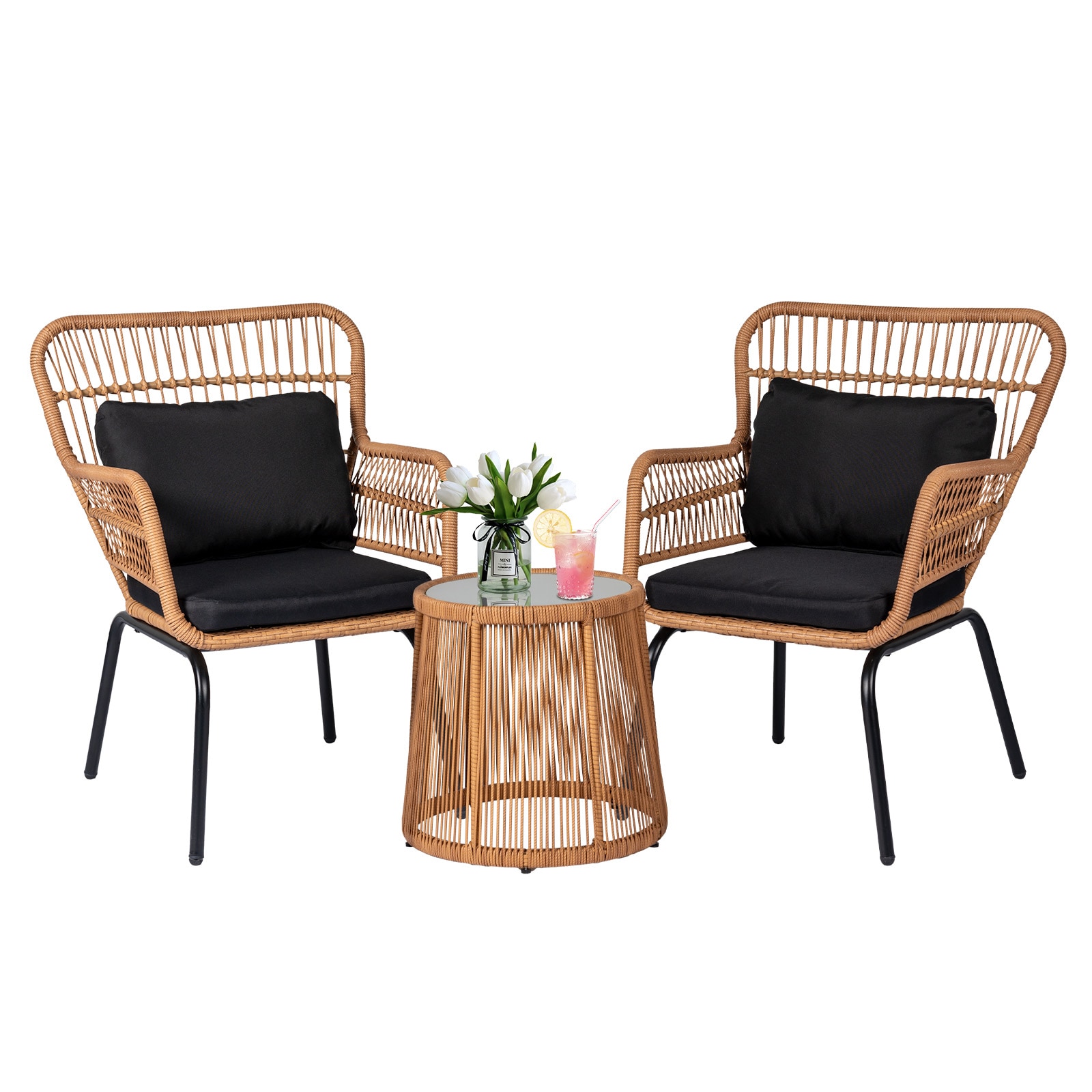 Grearden 3-Piece Rattan Patio Conversation Set with Black Cushions in ...