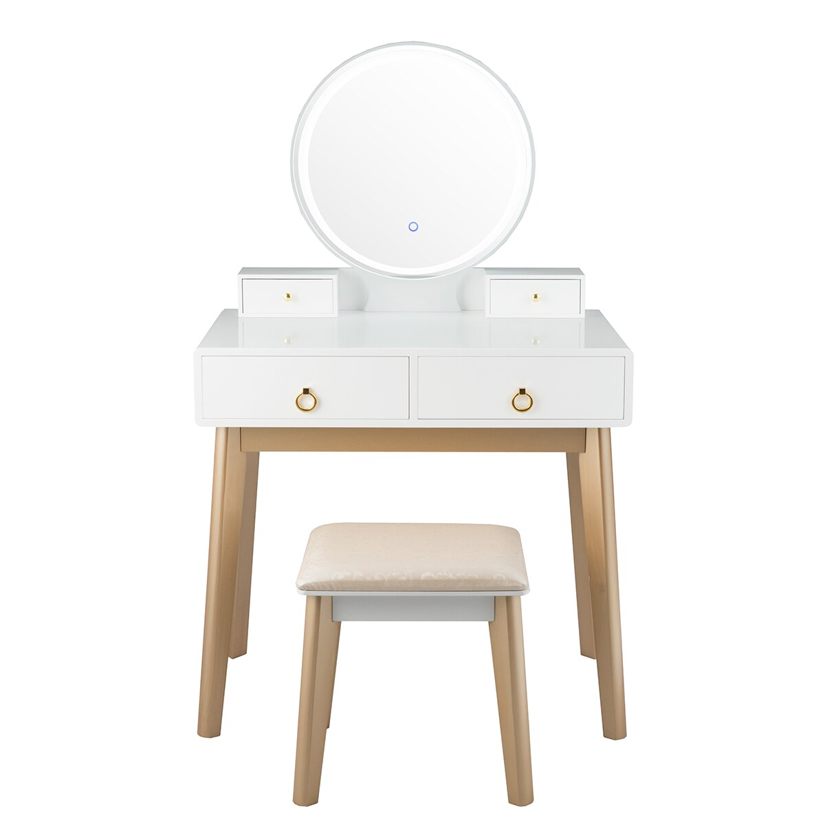 Slickblue D-CO-HW-SU09956WH 52.5 Inches Navy/White Makeup Vanity with Round LED Mirror and 4 Storage Drawers for Bedroom or Dressing Room