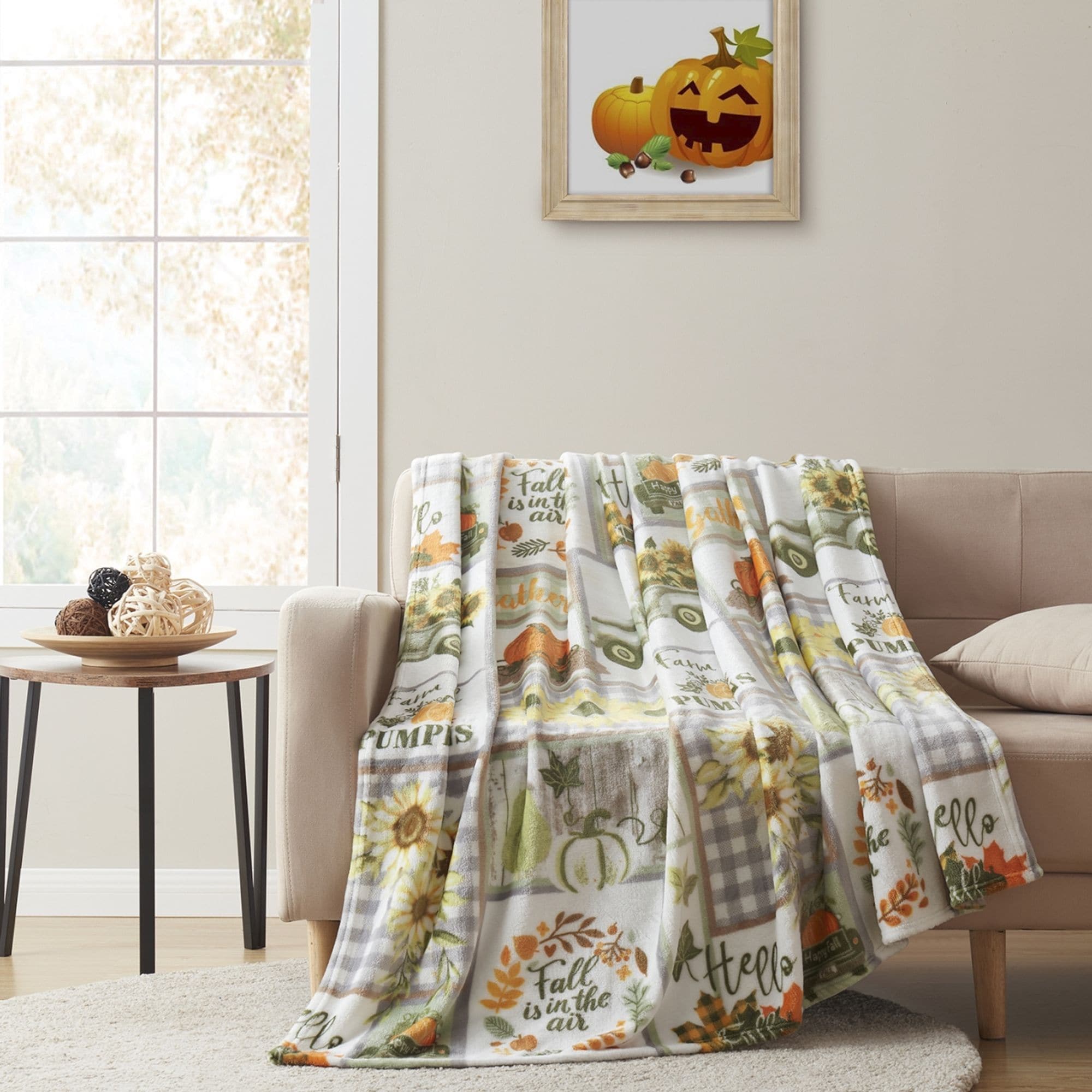 KATE AURORA Autumn Thanksgiving Patchwork Trucks and Pumpkin Patch Accent Plush Throw Blanket 50 In X 70 In