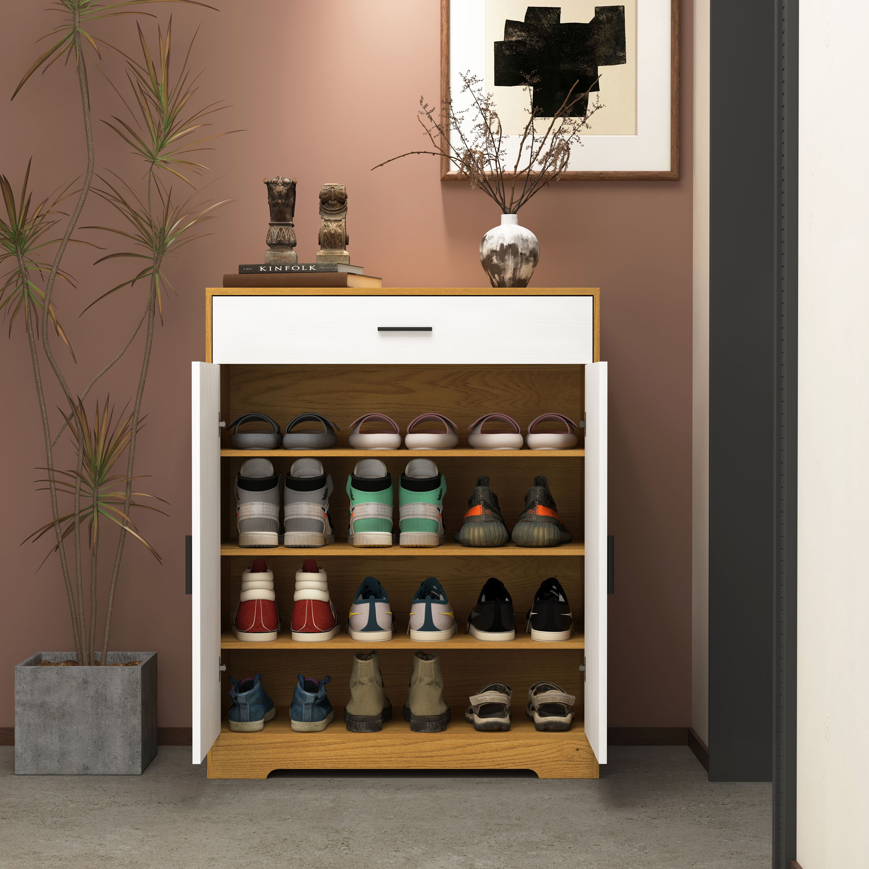 Lycvki SC-13 39.4-in H 4 Tier 14 pair Natural MDF Shoe cabinet