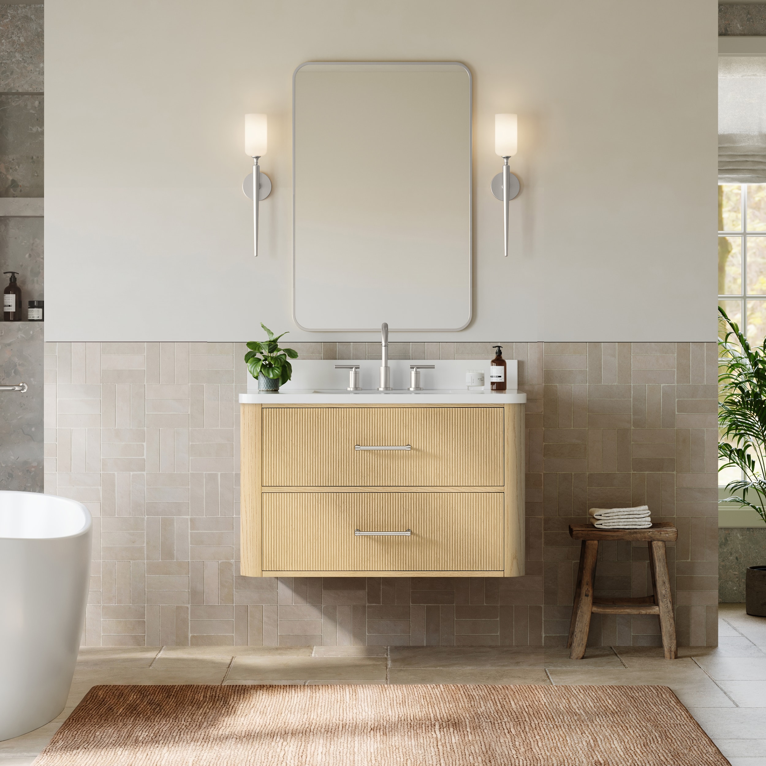 Wyndham Collection Francesca WM 36 Inch Single Wall Mounted Bathroom Vanity in Scandinavian Oak, Rounded White Quartz Countertop, Undermount Square Sink (3-Hole), Brushed Nickel Trim