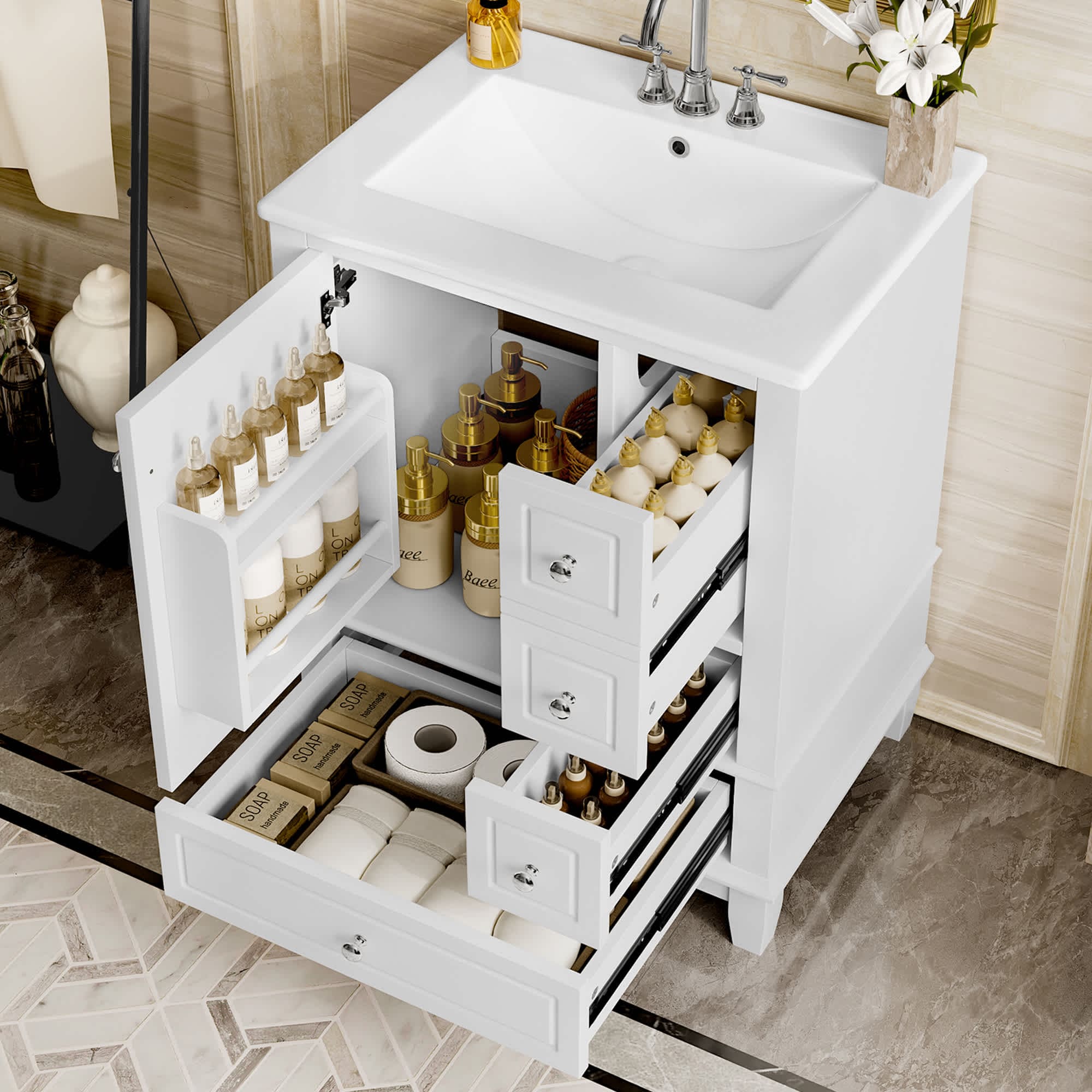 Misty Moon LW0402-296567K 24-Inch Bathroom Vanity with Sink and Drawers White Freestanding Vanity Cabinet with Ceramic Top and Storage Shelves MDF and Solid Wood Base Modern Sink Cabinet for Small Bathrooms