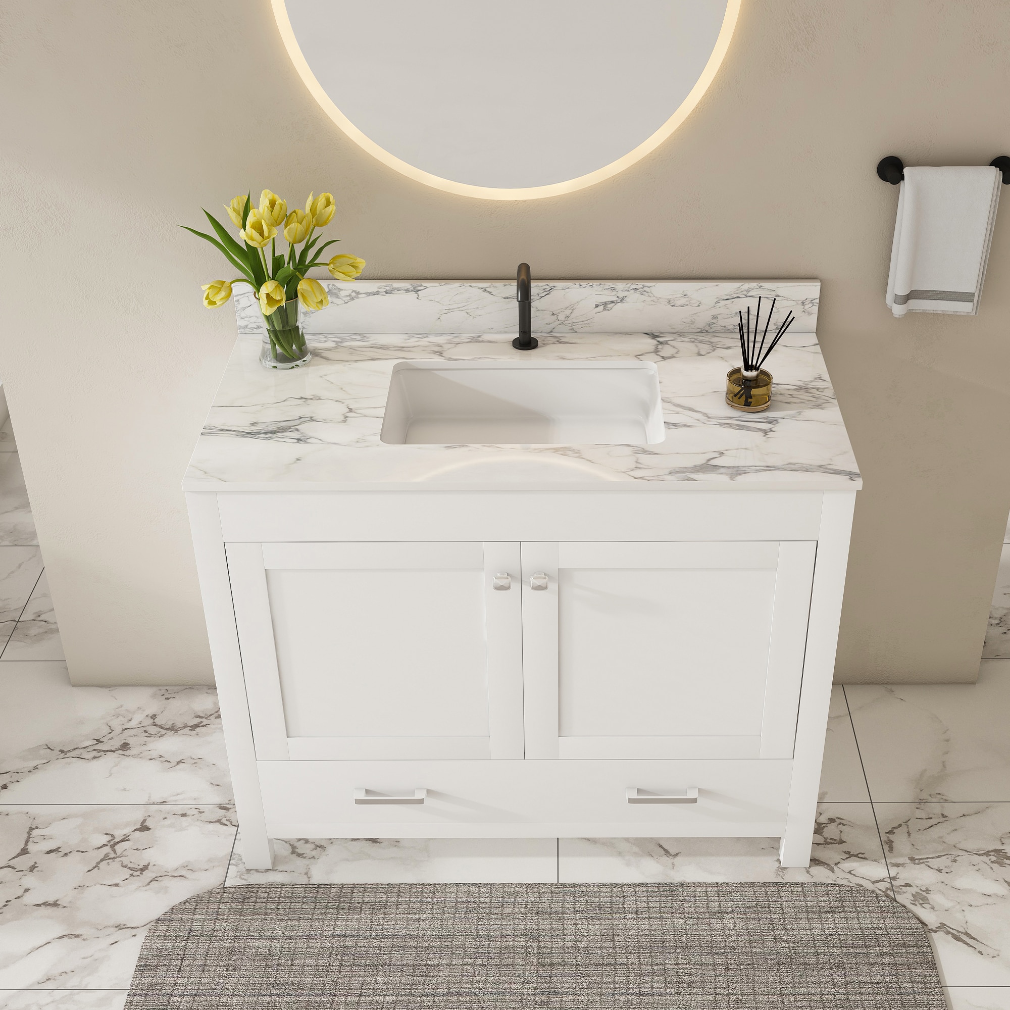 LOVMOR SF-J-W509S00142 Modern 43in Bathroom Vanity with sintered stone carrara white top Set Multi-functional Bathroom Cabinet with Doors and Drawer Solid Frame and MDF Board  single faucet hole