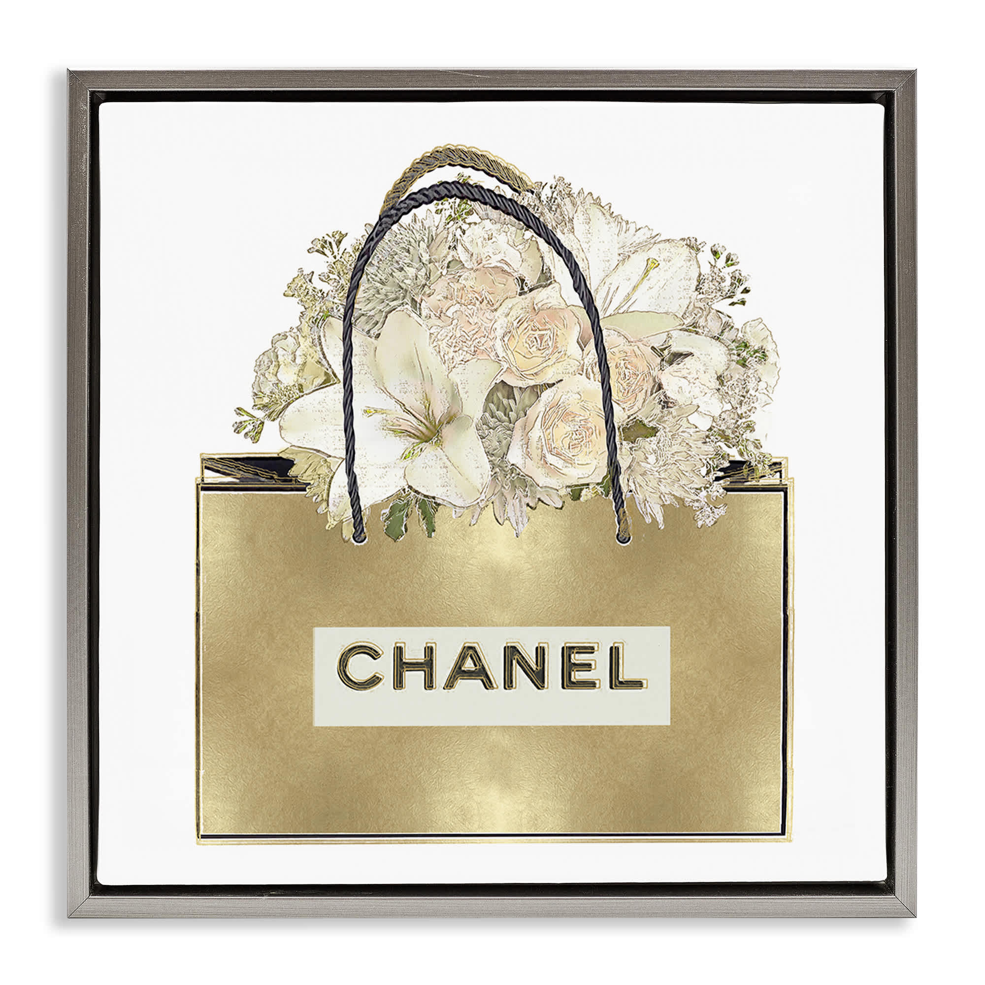 Stupell Industries BS-527-FFL-17X17 Flowers in Gold Bag Gray Framed Floater Canvas Wall Art By Madeline Blake 18 x 18