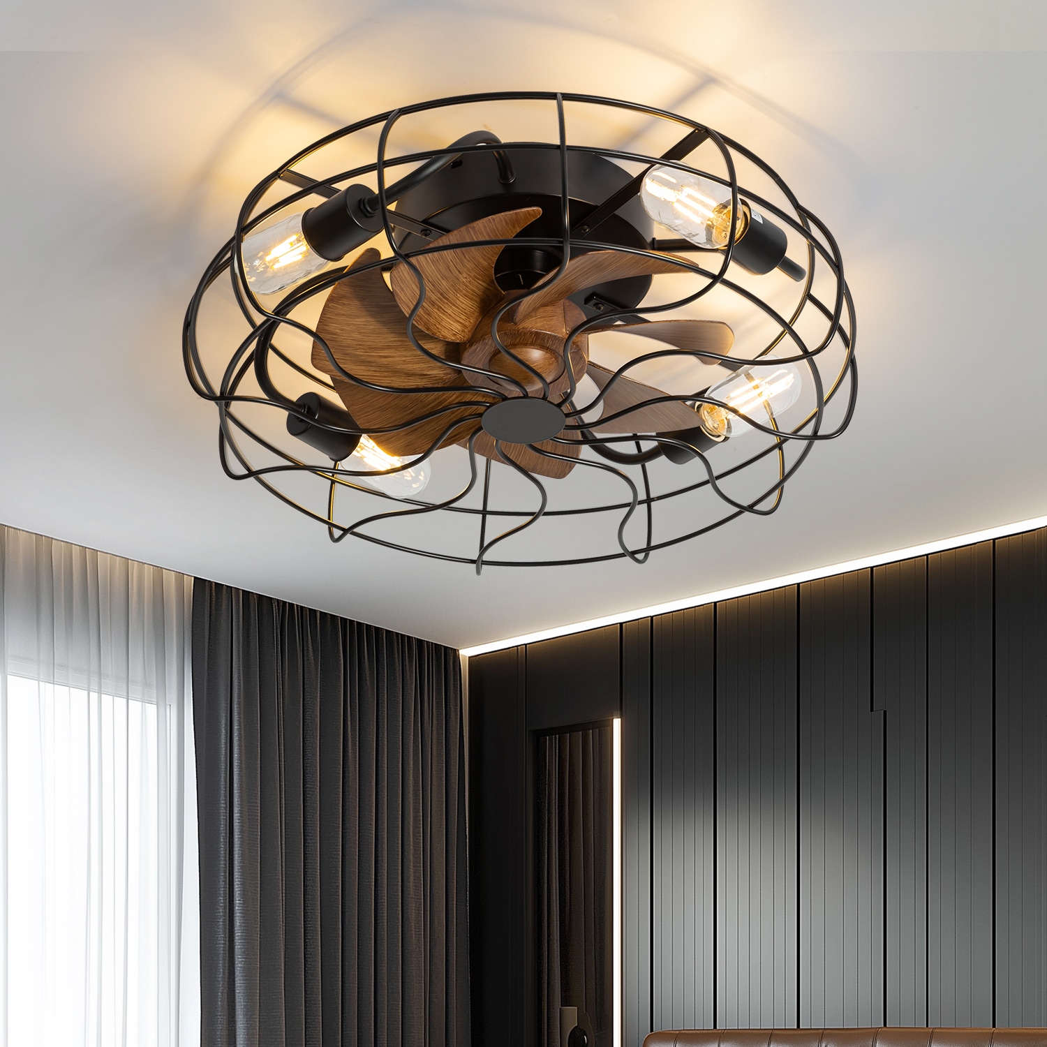 Breezary 33005-BK 19-in Flush Mount Sleek Matte Black with wood Blades Fandelier Ceiling Fan With Light - Remote Included ( 7 -Blade )