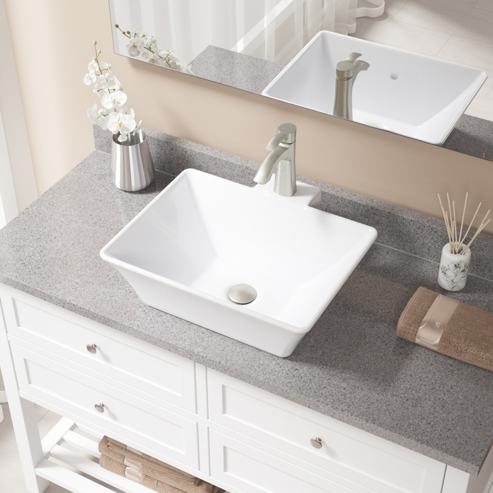 MR Direct V290-W-725-BN White Porcelain Vessel Rectangular Traditional Bathroom Sink with Faucet and Drain Included (18.75-in x 17.25-in)