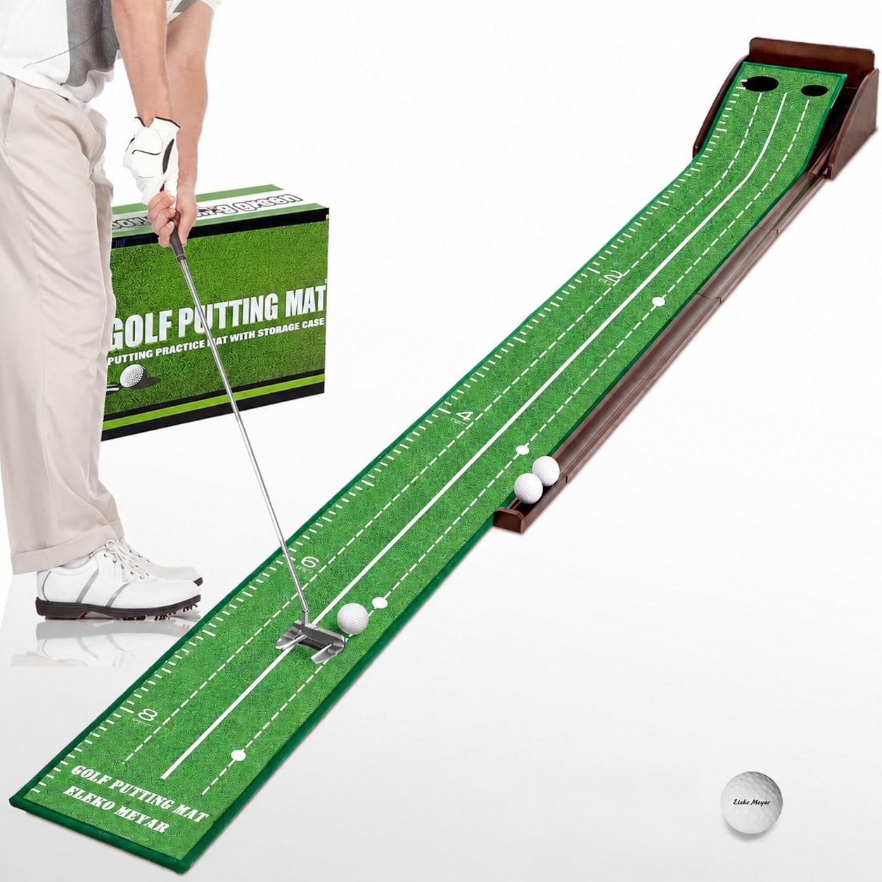 Justincity  Indoor Putting Green Mat Solid Wood Base Automatic Ball Return Two Practice Holes Guideline for Office Home Golf Training Gift