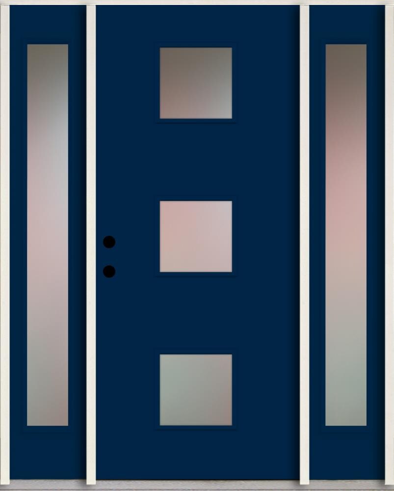 RELIABILT LO1066621 Spotlights 56-in x 80-in x 4-5/8-in Fiberglass 1/4 lite Right-hand inswing Naval Paint Painted Prehung Front Door with Sidelights Insulating core