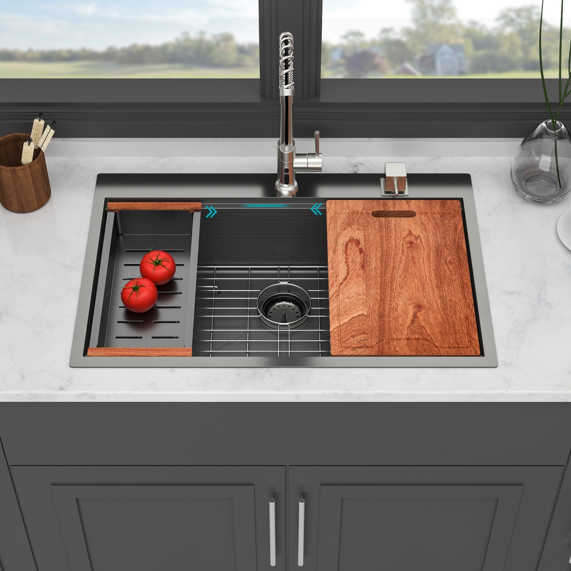 LIVACA 33 inch Gunmetal Black 16 Gauge Stainless Steel Drop In Kitchen Sink with Workstation Ledge and Accessories