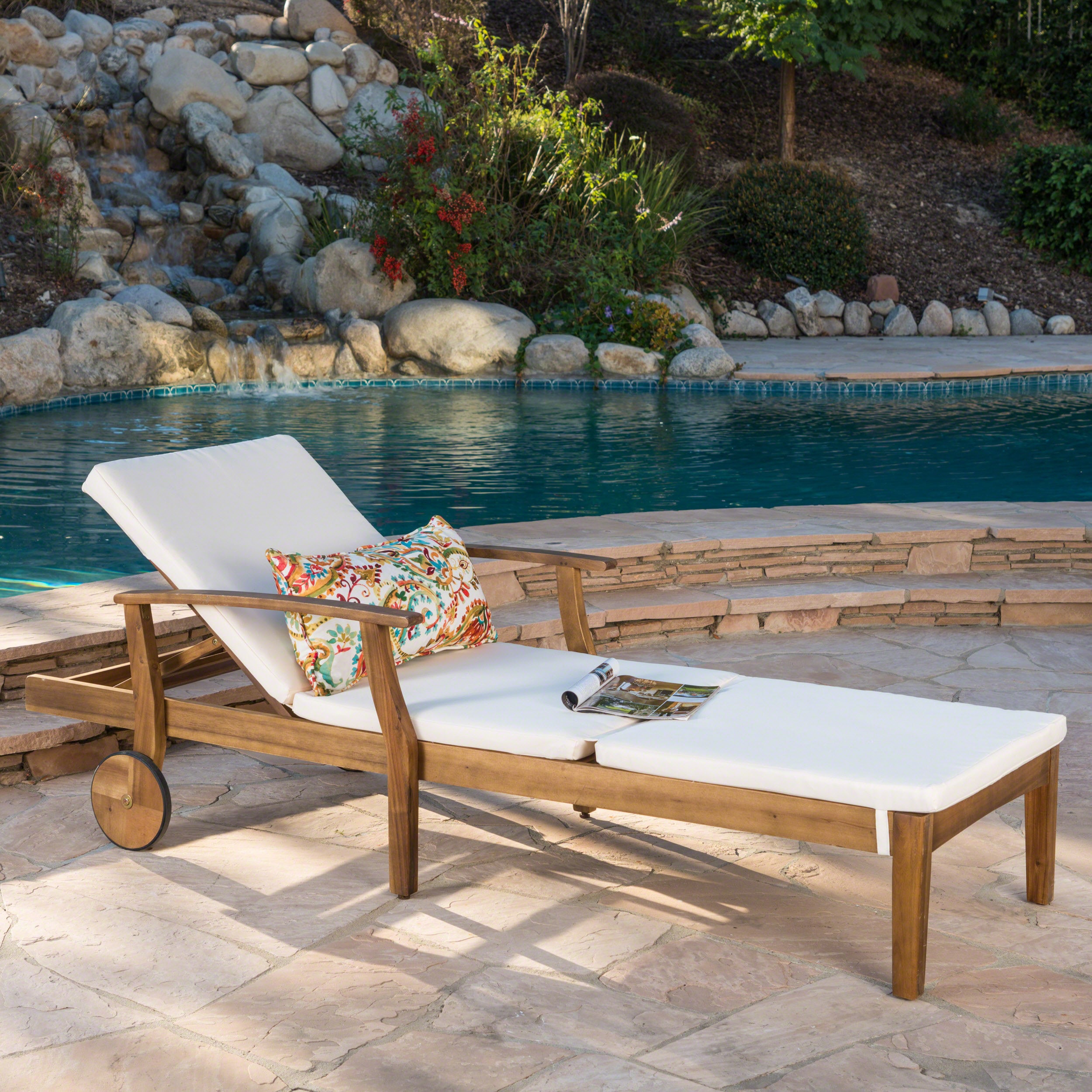 Best Selling Home Decor 303813L Perla Teak Wood Frame Stationary Chaise Lounge Chair with Cushioned Seat