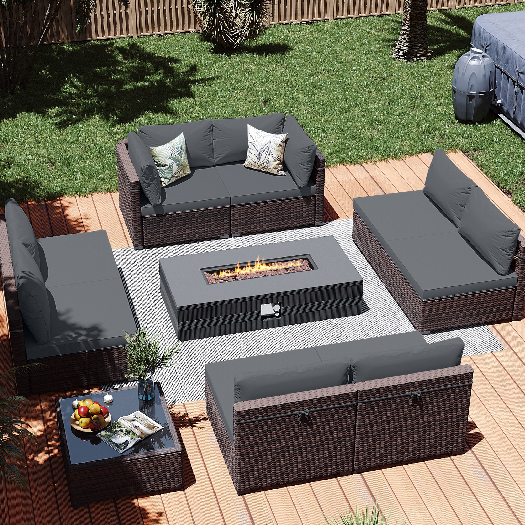 Patio Watcher LS-RT9-56MDK-B3 10 -Piece Rattan Patio Conversation Set with Gray Cushions