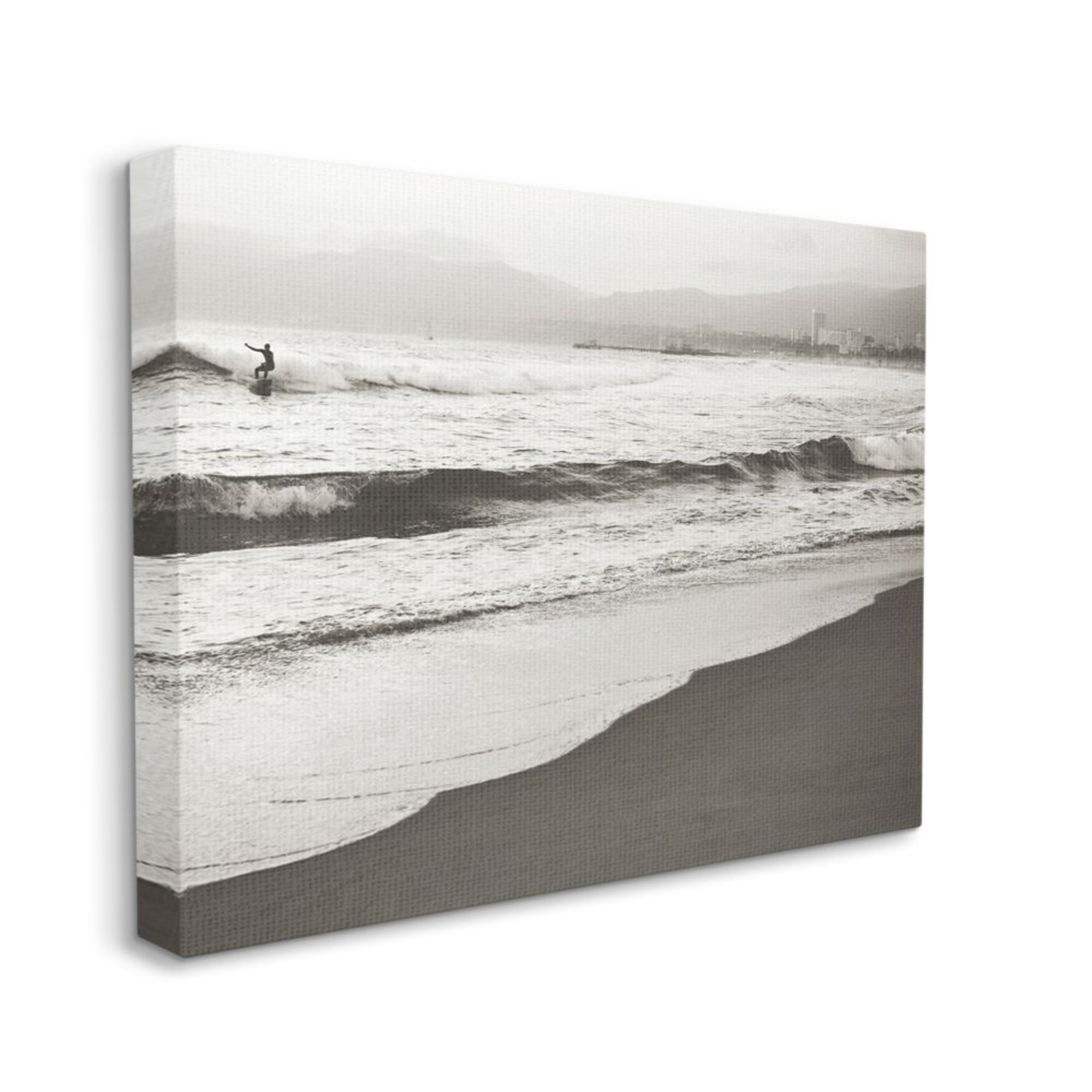Stupell Industries AC-303-CN-36X48 Sepia Tone Beach Wave Surfer City Skyline Myan Soffia 48-in H x 36-in W Coastal Print on Canvas
